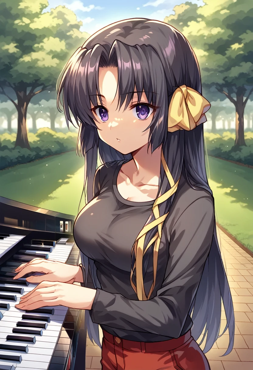 score_9, score_8_up, score_7_up, score_6_up, rating_safe, source_anime, best quality, masterpiece, detailed background, detailed eyes, indoors, grand piano, kurugaya yuiko, black hair, purple eyes, medium breasts, full breasts, black t shirt, long sleeves, outdoors, looking at viewers, park, red pants, scoop neck, 