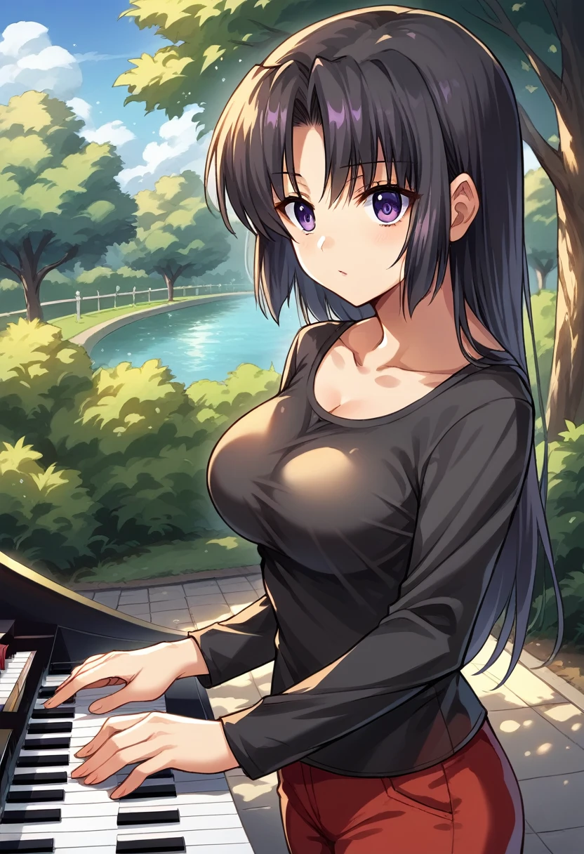 score_9, score_8_up, score_7_up, score_6_up, rating_safe, source_anime, best quality, masterpiece, detailed background, detailed eyes, indoors, grand piano, kurugaya yuiko, black hair, purple eyes, medium breasts, full breasts, black t shirt, long sleeves, outdoors, looking at viewers, park, red pants, scoop neck,