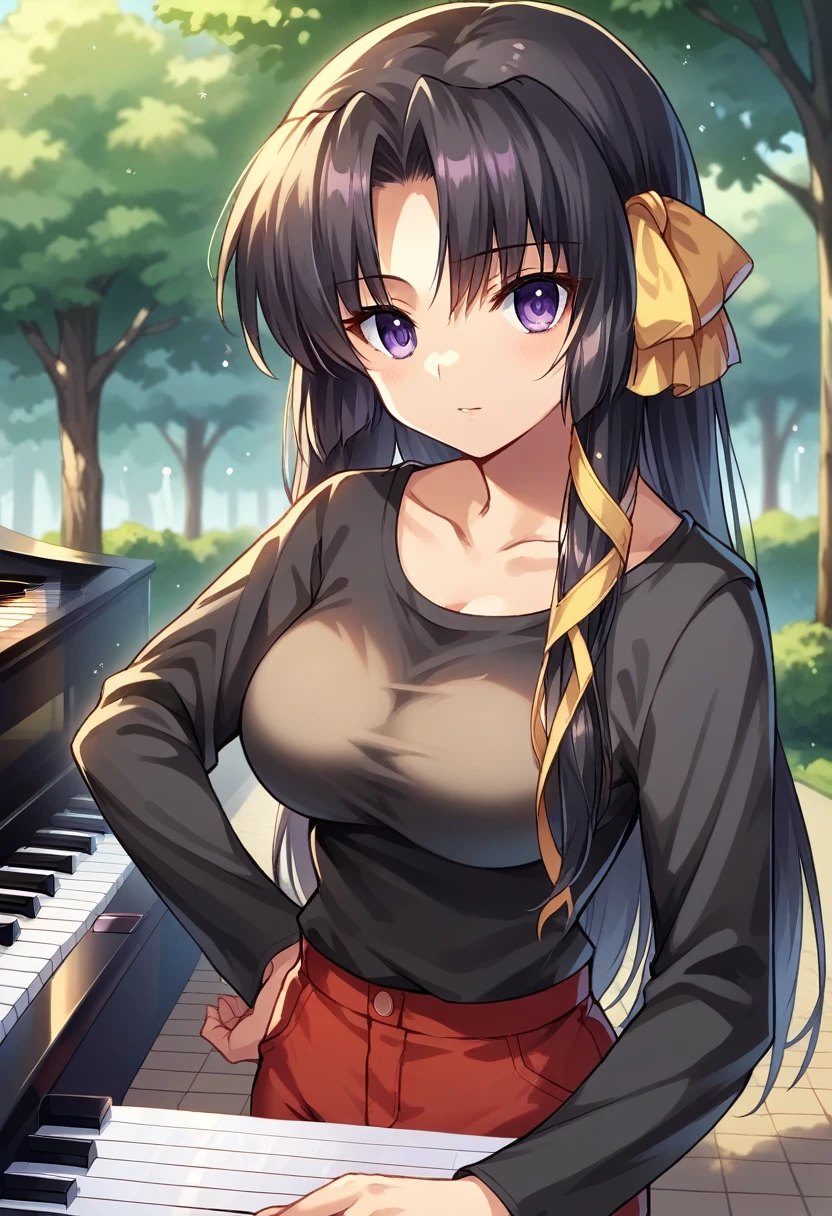 score_9, score_8_up, score_7_up, score_6_up, rating_safe, source_anime, best quality, masterpiece, detailed background, detailed eyes, indoors, grand piano, kurugaya yuiko, black hair, purple eyes, medium breasts, full breasts, black t shirt, long sleeves, outdoors, looking at viewers, park, red pants, scoop neck,