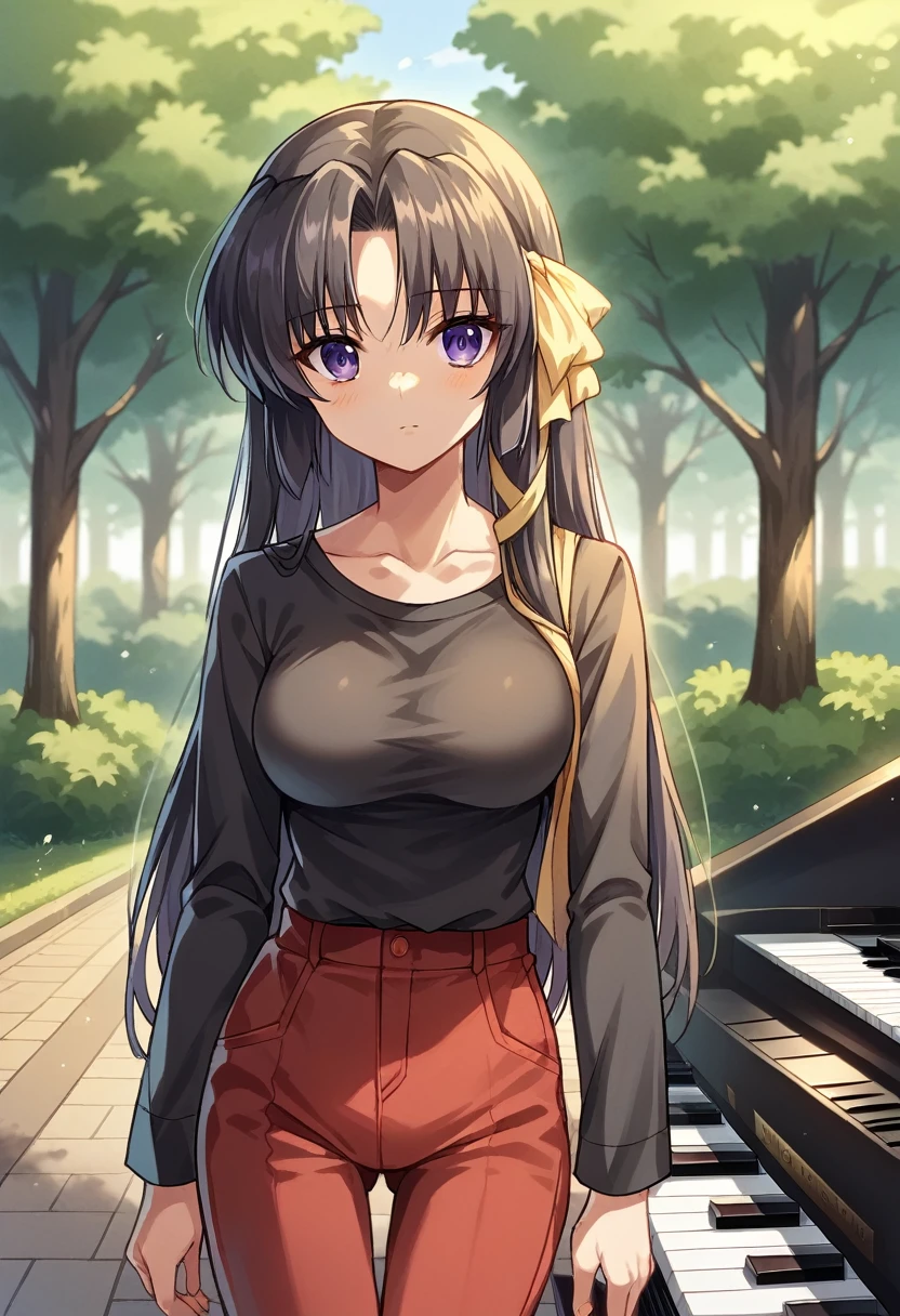 score_9, score_8_up, score_7_up, score_6_up, rating_safe, source_anime, best quality, masterpiece, detailed background, detailed eyes, indoors, grand piano, kurugaya yuiko, black hair, purple eyes, medium breasts, full breasts, black t shirt, long sleeves, outdoors, looking at viewers, park, red pants, scoop neck,