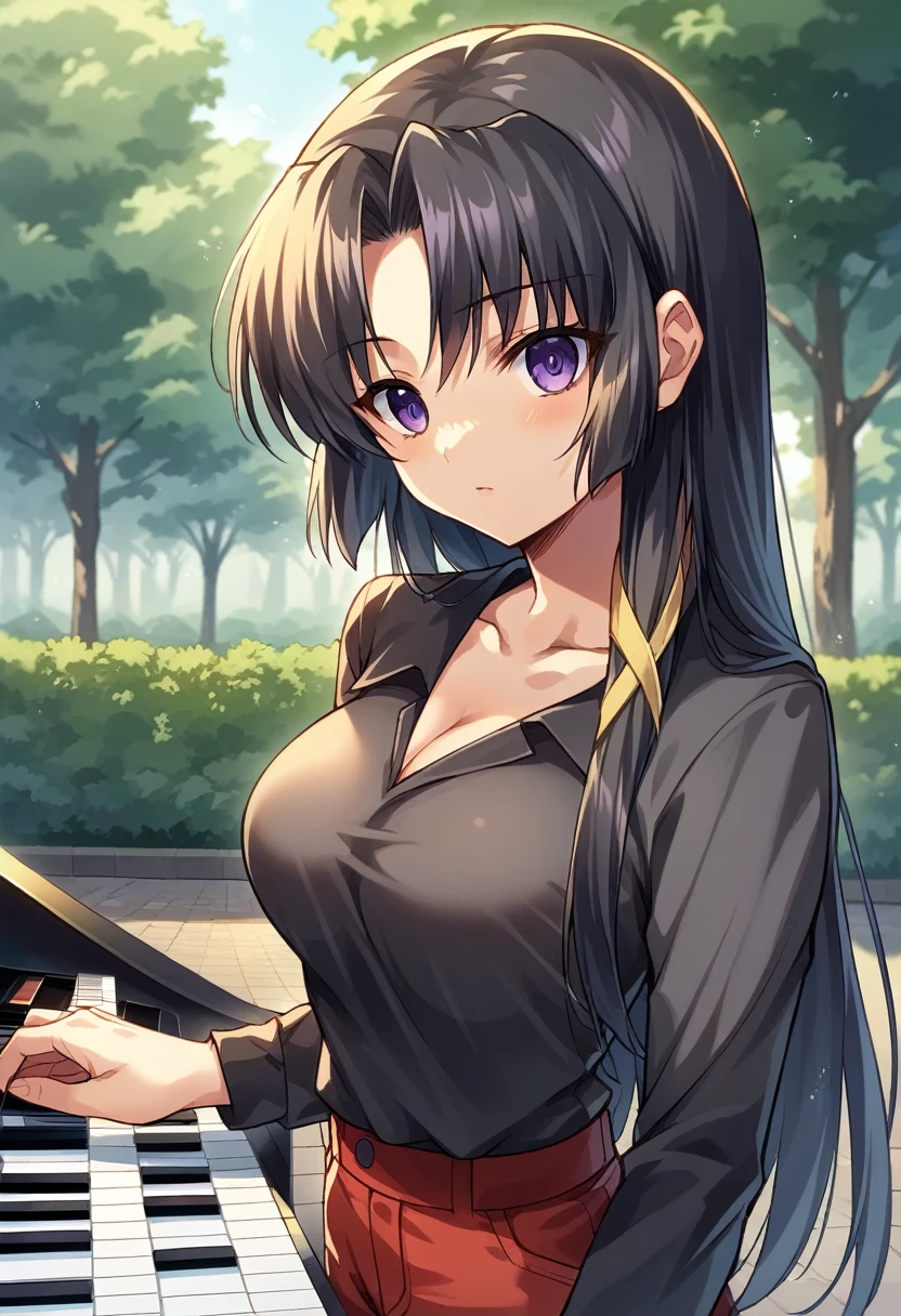 score_9, score_8_up, score_7_up, score_6_up, rating_safe, source_anime, best quality, masterpiece, detailed background, detailed eyes, indoors, grand piano, kurugaya yuiko, black hair, purple eyes, medium breasts, full breasts, black t shirt, long sleeves, outdoors, looking at viewers, park, red pants, scoop neck,