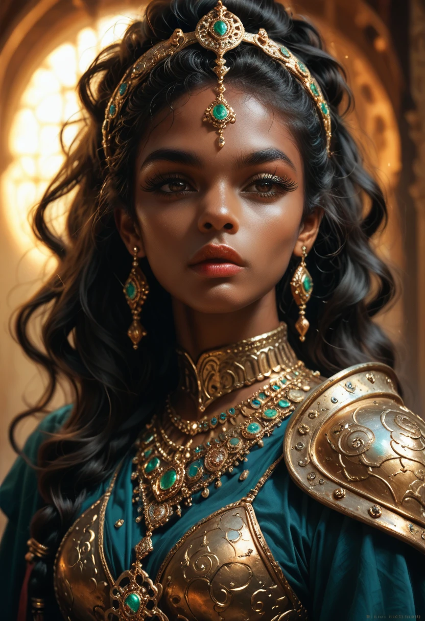 a sexy black african warrior girl, arabian heavy armor, intricate details, beautiful detailed eyes, beautiful detailed lips, extremely detailed face and portrait, long eyelashes, powerful expression, dynamic pose, high quality digital painting, cinematic lighting, dramatic colors, fantasy art