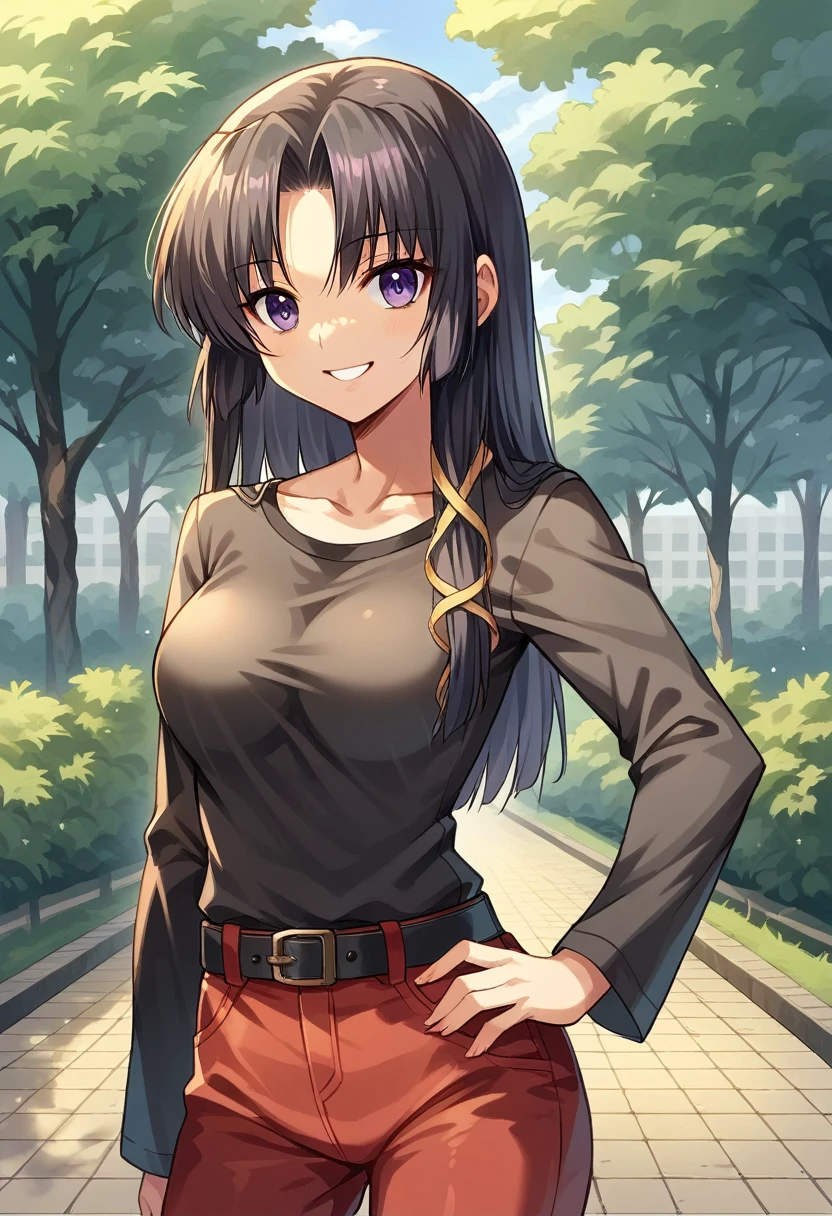 score_9, score_8_up, score_7_up, score_6_up, rating_safe, source_anime, best quality, masterpiece, detailed background, detailed eyes, indoors, kurugaya yuiko, black hair, purple eyes, medium breasts, full breasts, black t shirt, long sleeves, outdoors, looking at viewers, park, red pants, scoop neck, hand on hip, smile mouth open, belt, 