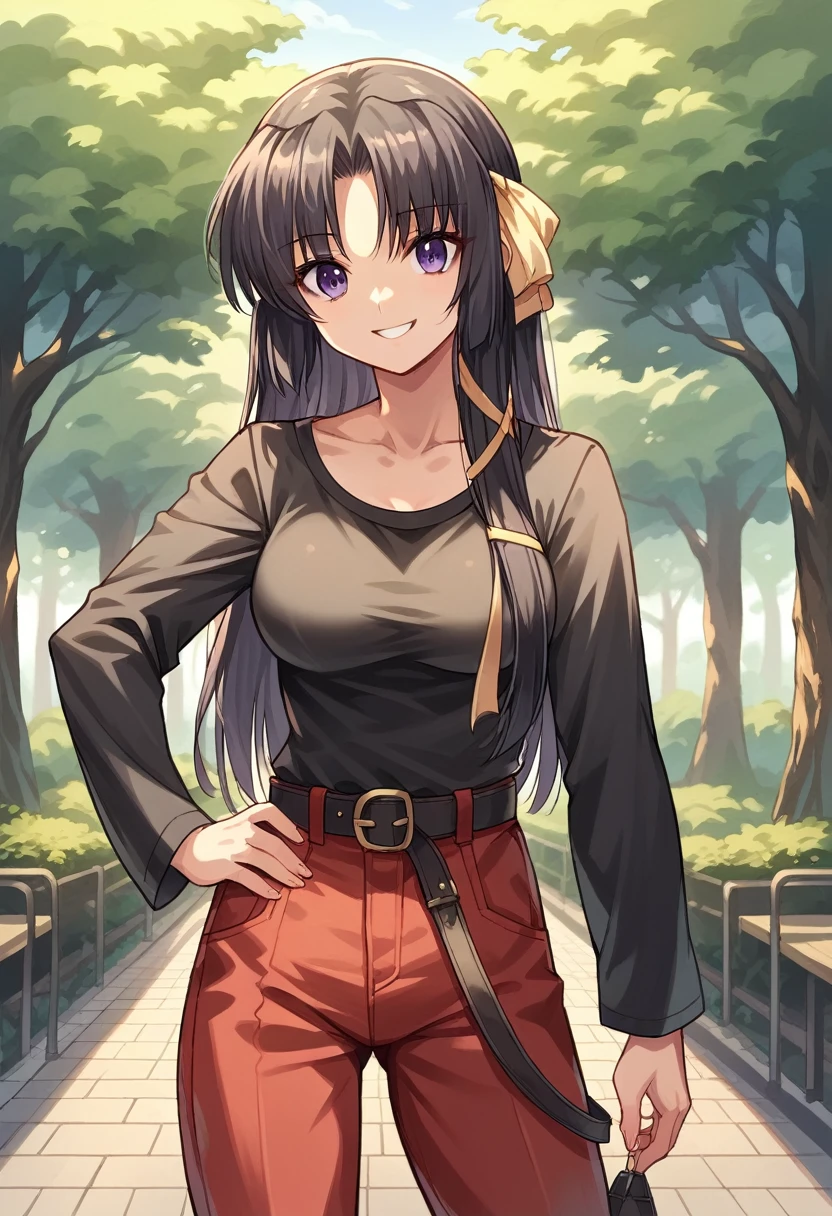 score_9, score_8_up, score_7_up, score_6_up, rating_safe, source_anime, best quality, masterpiece, detailed background, detailed eyes, indoors, kurugaya yuiko, black hair, purple eyes, medium breasts, full breasts, black t shirt, long sleeves, outdoors, looking at viewers, park, red pants, scoop neck, hand on hip, smile mouth open, belt, 