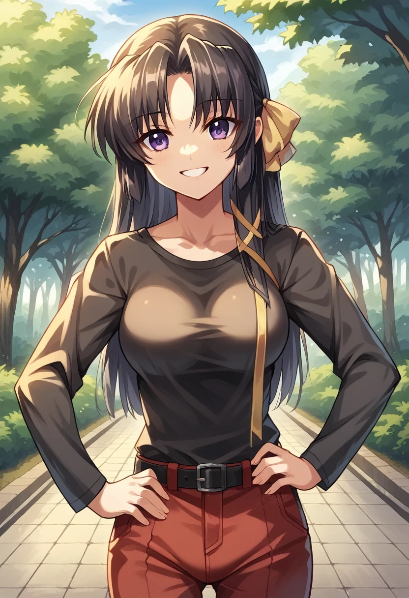 score_9, score_8_up, score_7_up, score_6_up, rating_safe, source_anime, best quality, masterpiece, detailed background, detailed eyes, indoors, kurugaya yuiko, black hair, purple eyes, medium breasts, full breasts, black t shirt, long sleeves, outdoors, looking at viewers, park, red pants, scoop neck, hand on hip, smile mouth open, belt, 