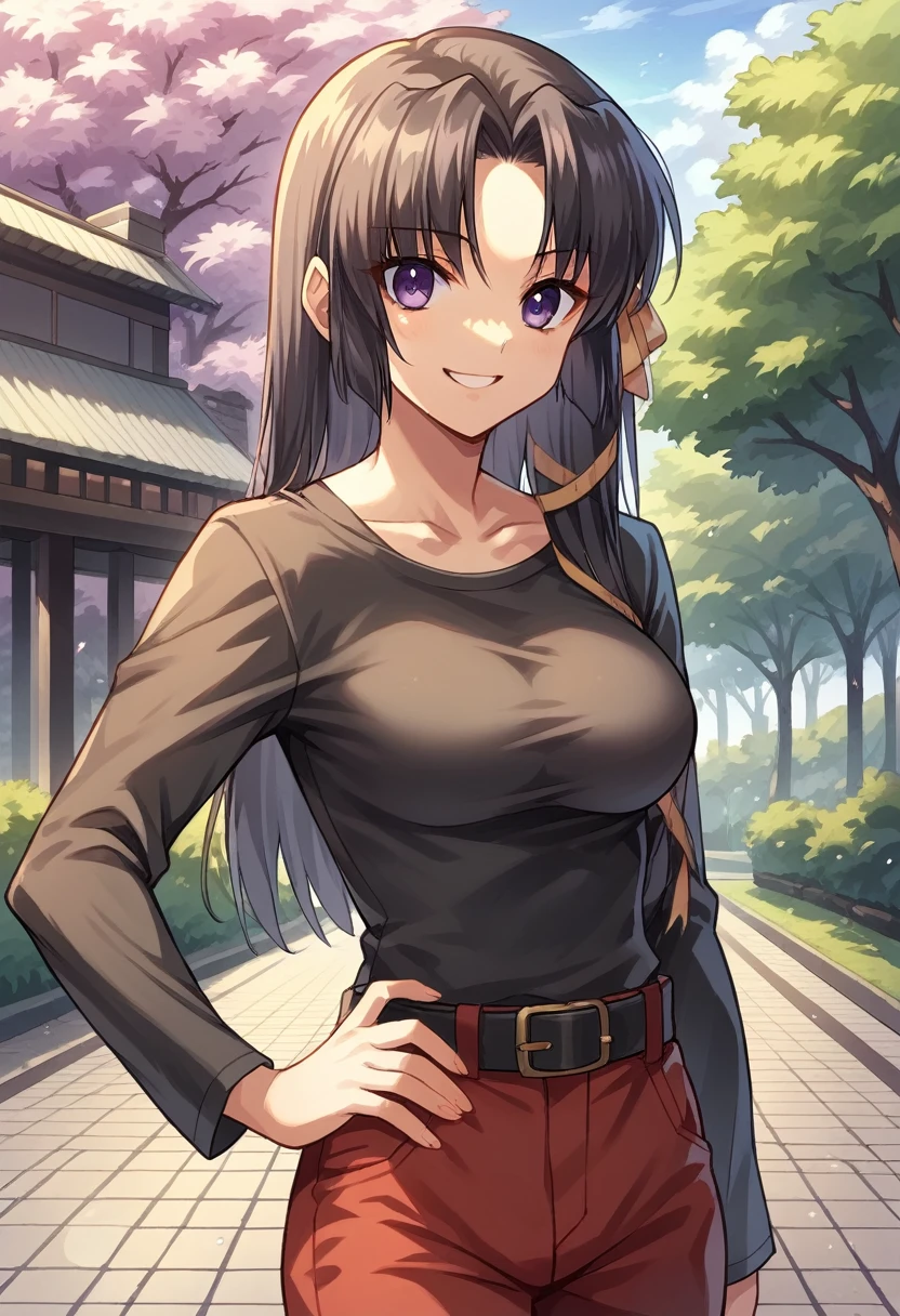 score_9, score_8_up, score_7_up, score_6_up, rating_safe, source_anime, best quality, masterpiece, detailed background, detailed eyes, indoors, kurugaya yuiko, black hair, purple eyes, medium breasts, full breasts, black t shirt, long sleeves, outdoors, looking at viewers, park, red pants, scoop neck, hand on hip, smile mouth open, belt, 