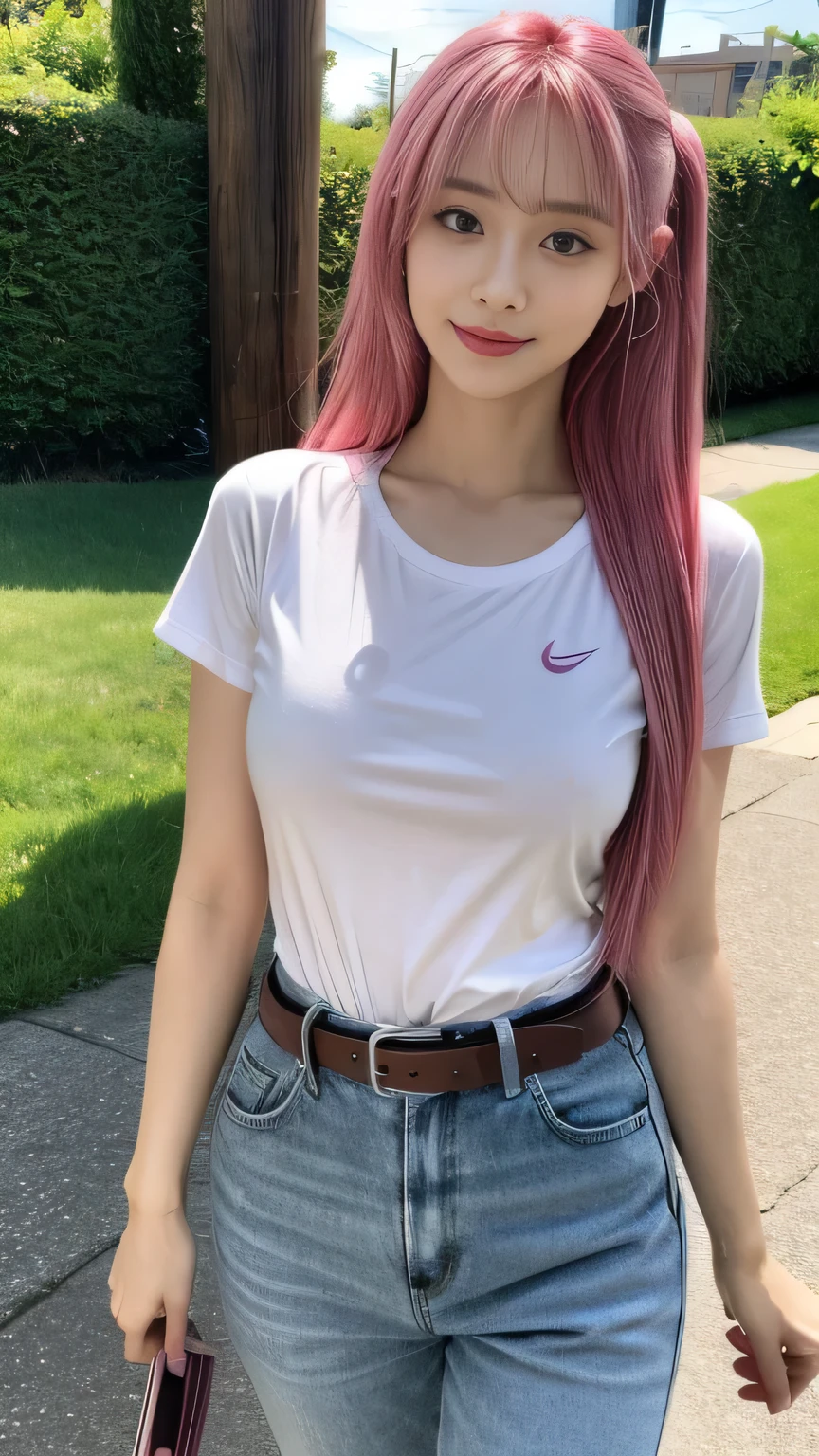 Superior Quality, Masterpiece, Ultra High Resolution, (Photorealistic: 1.4), Raw Photo, Deep Shadows, photorealistic, high resolution, 1 girl, white hair, Korean, blue eyes, white shirt, tight black shorts, square, grass, trees, sitting on a bench, legs open