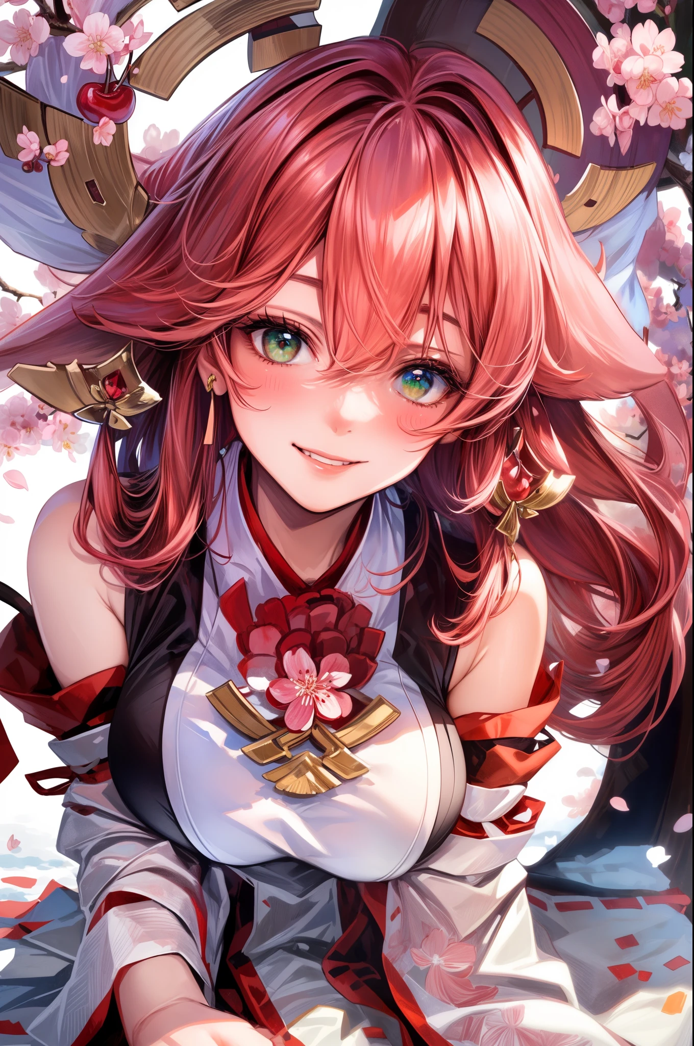masterpiece、High resolution、highest quality、4k、whole body、1 beautiful girl、real anime、warrior、cherry blossom bikini armor、Big eyes、cute eyes、pink hair、ponytail、open mouth smile、cheek、raising one hand、A small bird is perched on one hand.、super big breasts、cleavage、Background of many cherry blossoms blooming、Many cherry blossom petals are flying、