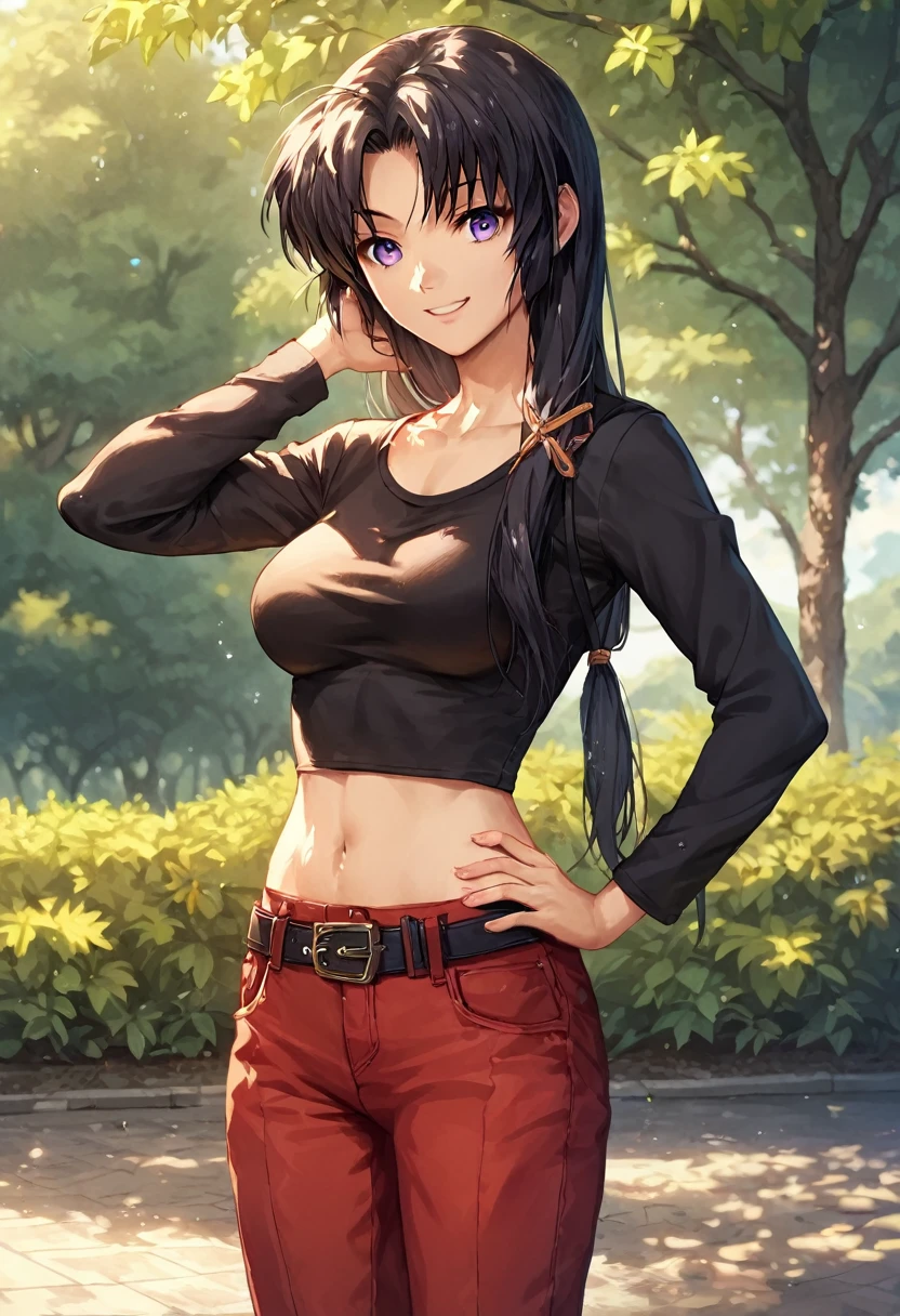 score_9, score_8_up, score_7_up, score_6_up, rating_safe, source_anime, best quality, masterpiece, detailed background, detailed eyes, indoors, kurugaya yuiko, black hair, purple eyes, medium breasts, full breasts, black t shirt, long sleeves, outdoors, looking at viewers, park, red pants, scoop neck, hand on hip, smile mouth open, belt, crop top, navle