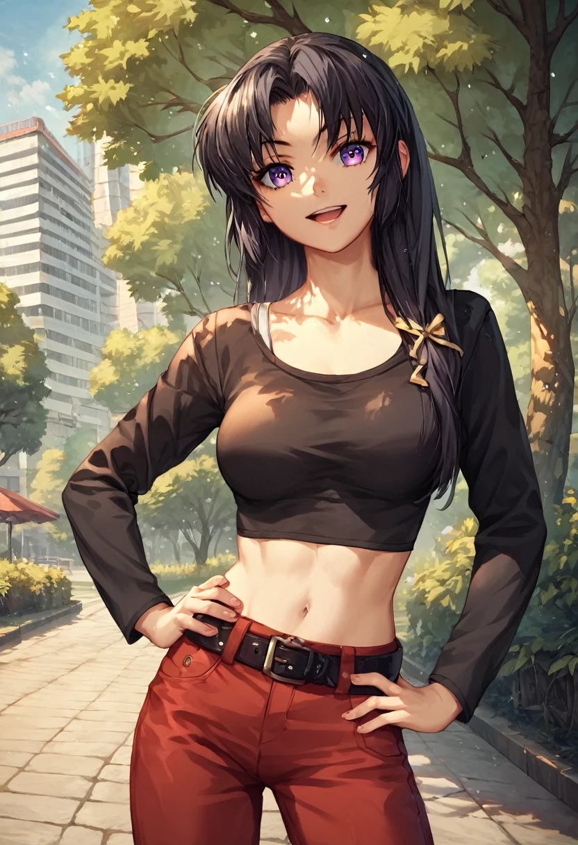 score_9, score_8_up, score_7_up, score_6_up, rating_safe, source_anime, best quality, masterpiece, detailed background, detailed eyes, indoors, kurugaya yuiko, black hair, purple eyes, medium breasts, full breasts, black t shirt, long sleeves, outdoors, looking at viewers, park, red pants, scoop neck, hand on hip, smile mouth open, belt, crop top, navle