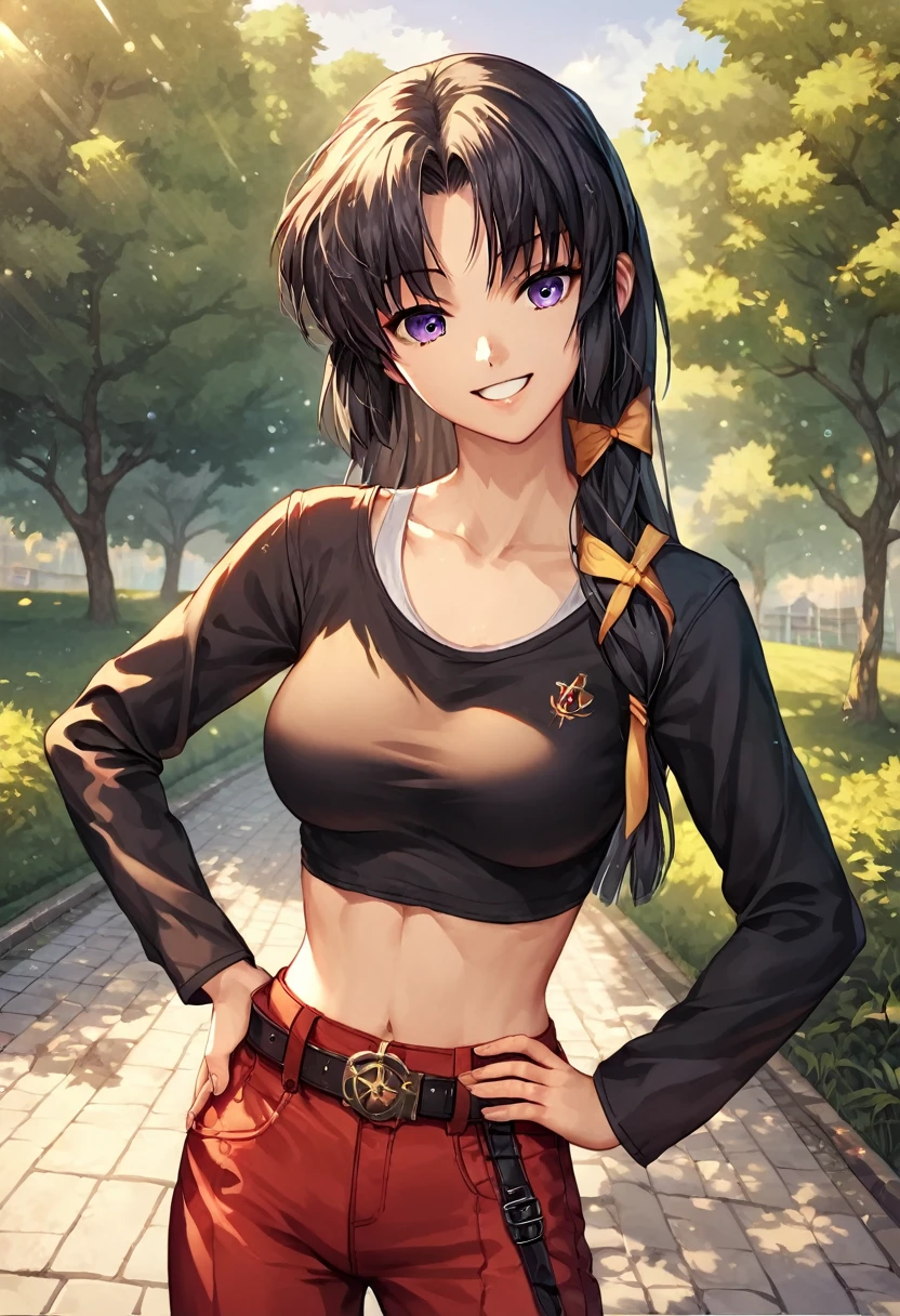 score_9, score_8_up, score_7_up, score_6_up, rating_safe, source_anime, best quality, masterpiece, detailed background, detailed eyes, indoors, kurugaya yuiko, black hair, purple eyes, medium breasts, full breasts, black t shirt, long sleeves, outdoors, looking at viewers, park, red pants, scoop neck, hand on hip, smile mouth open, belt, crop top, navle