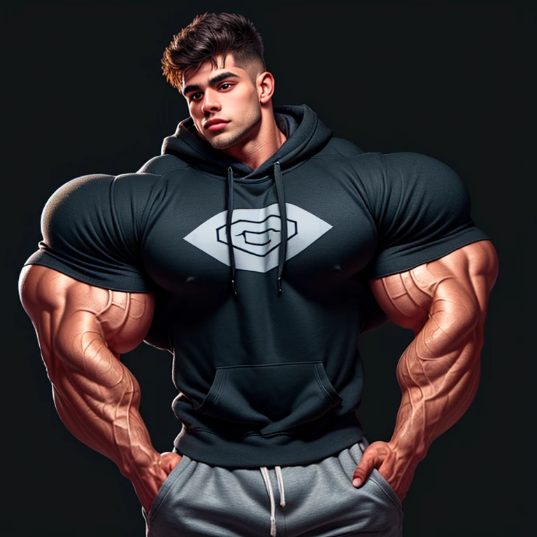 a very handsome young man, mid fade haircut, with massively large, massively muscular muscles, wearing a simple purple sweatshirt with long sleeves, on a black background