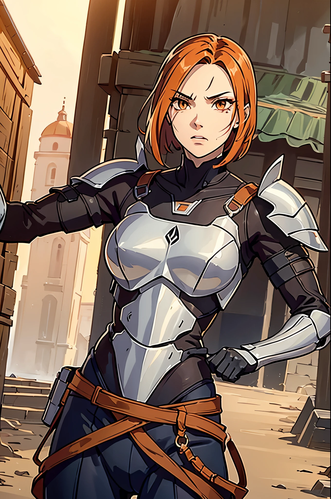 one Athletic women, worn out armor, adventurers outfit, close combat armor, light armor clothing, brown clothing, tall slender women, defined muscle tone, hair hanging on the side of the face, thin hair, short hair, pale orange-red hair, detailed eyes, perfect eyes, warriors eyes, small hips, scarred body, scarred face, scar under eyes, detailed scar, confident, pose, masculine face expression, small village background, old village background, adventurers world