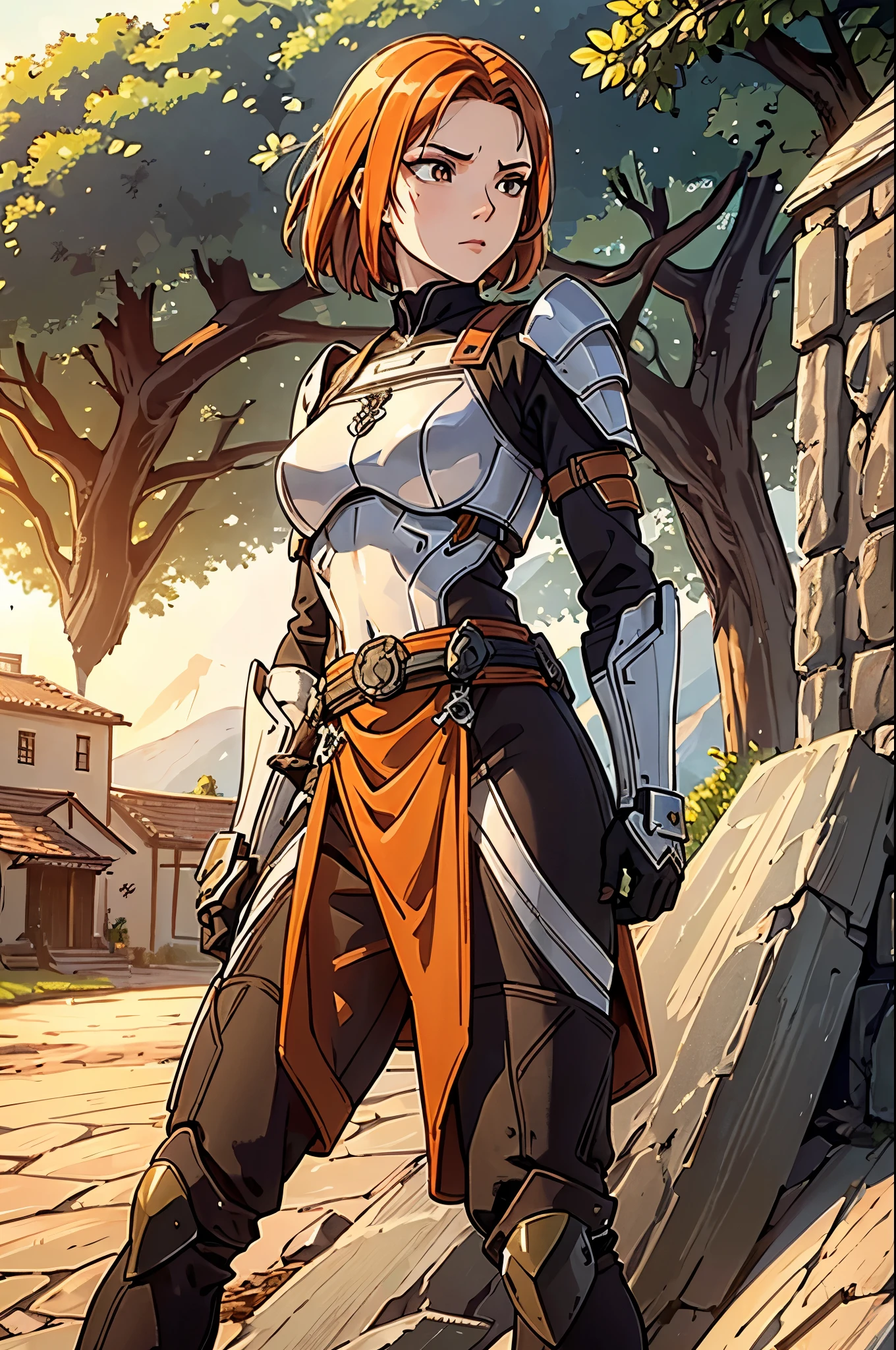 one Athletic women, worn out armor, adventurers outfit, close combat armor, light armor clothing, brown clothing, tall slender women, defined muscle tone, hair hanging on the side of the face, thin hair, short hair, pale orange-red hair, detailed eyes, perfect eyes, warriors eyes, small hips, scarred body, scarred face, scar under eyes, detailed scar, confident, pose, masculine face expression, small village background, old village background, adventurers world