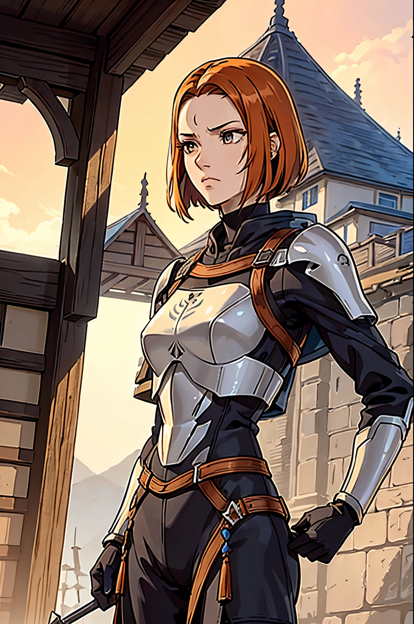 one Athletic women, worn out armor, adventurers outfit, close combat armor, light armor clothing, brown clothing, tall slender women, defined muscle tone, hair hanging on the side of the face, thin hair, short hair, pale orange-red hair, detailed eyes, perfect eyes, warriors eyes, small hips, scarred body, scarred face, scar under eyes, detailed scar, confident, pose, masculine face expression, small village background, old village background, adventurers world