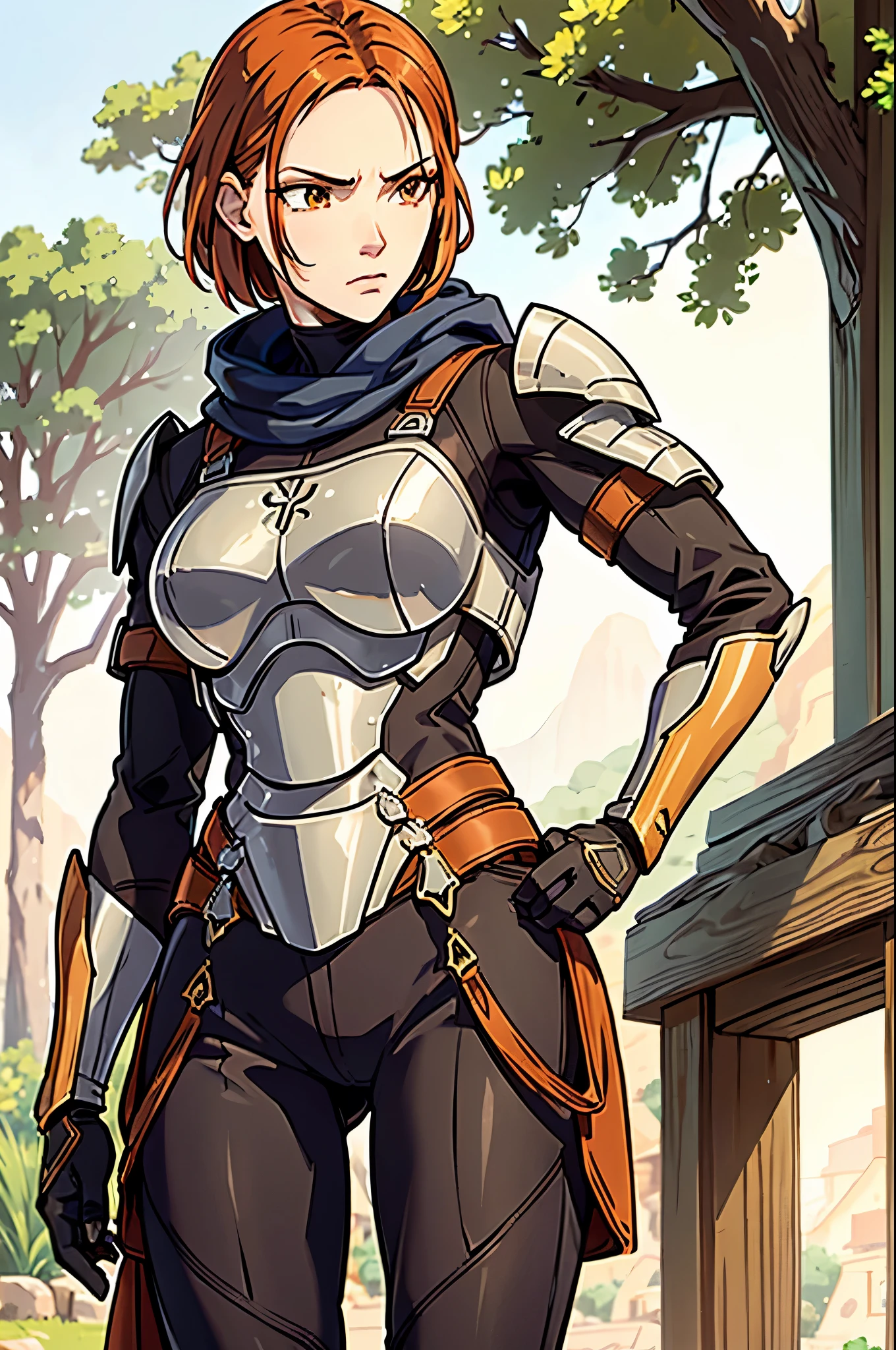 one Athletic women, worn out armor, adventurers outfit, close combat armor, light armor clothing, brown clothing, tall slender women, defined muscle tone, hair hanging on the side of the face, thin hair, short hair, pale orange-red hair, detailed eyes, perfect eyes, warriors eyes, small hips, scarred body, scarred face, confident, pose, masculine face expression, small village background, old village background, adventurers world