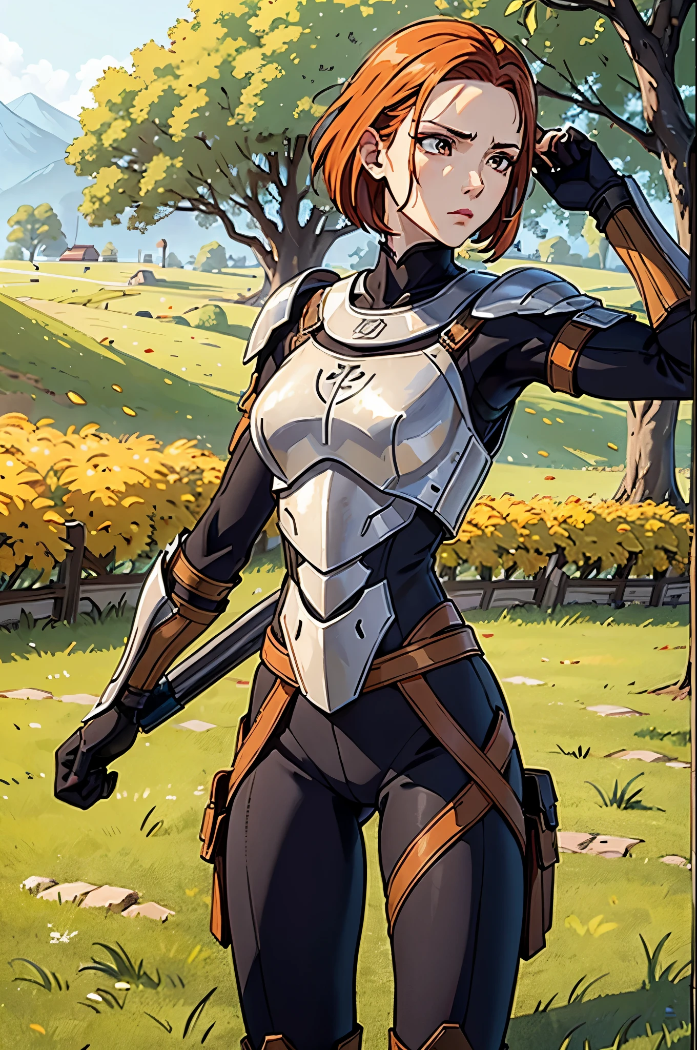 one Athletic women, worn out armor, adventurers outfit, close combat armor, light armor clothing, brown clothing, tall slender women, defined muscle tone, hair hanging on the side of the face, thin hair, short hair, pale orange-red hair, detailed eyes, perfect eyes, warriors eyes, small hips, scarred body, scarred face, confident, pose, masculine face expression, small village background, old village background, adventurers world