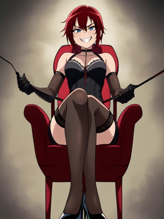 ((Best Quality)), ((masterpiece)), (detailed), prison, One person, femdom, dominatrix, looking at viewer, ((bare shoulders)), ((black bustier)), ((black stockings)), ((black g-string)), ((black high heels)), ((Black garter belt)), ((black elbow gloves)), ((evil grin)), from below, stare at viewer with stern eyes, ((((holding riding crop)))), ((chair)), ((female sitting in a chair)),