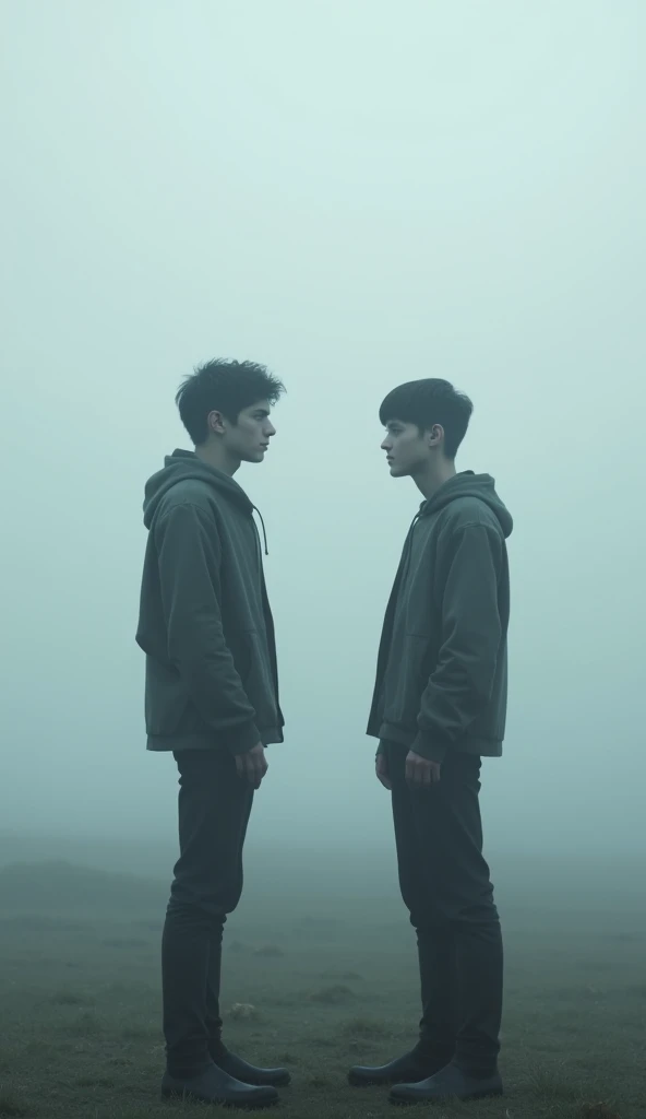 Create the image of two friends ( boys ) standing looking at each other from a distance, white sky, white floor, neblina no ar, make their faces and clothes very detailed, serene looks