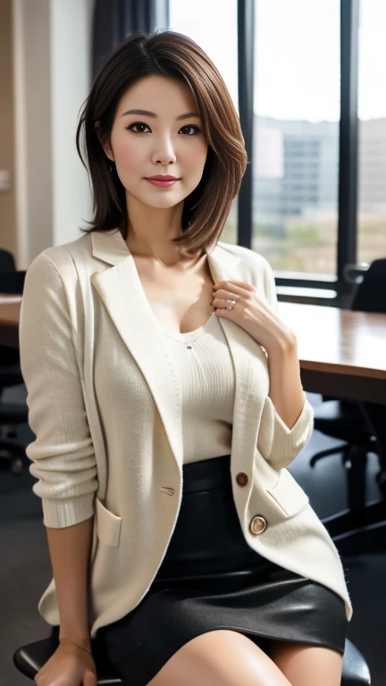 Best Quality, Realistic, Very detailed, finely, High resolution, 8K wallpaper, A beautiful Japanese woman, 4、wife、(whole body:1.5) Beautiful light brown hair, Sexy short hairstyles Wear a business suit、Wear a slit skirt、 Sharp focus, Meeting Room、Sit in a swivel chair、Perfect dynamic companion, Beautiful Eyes, Thin Hair, Model body type、Beautiful legs、Crossing your legs、
