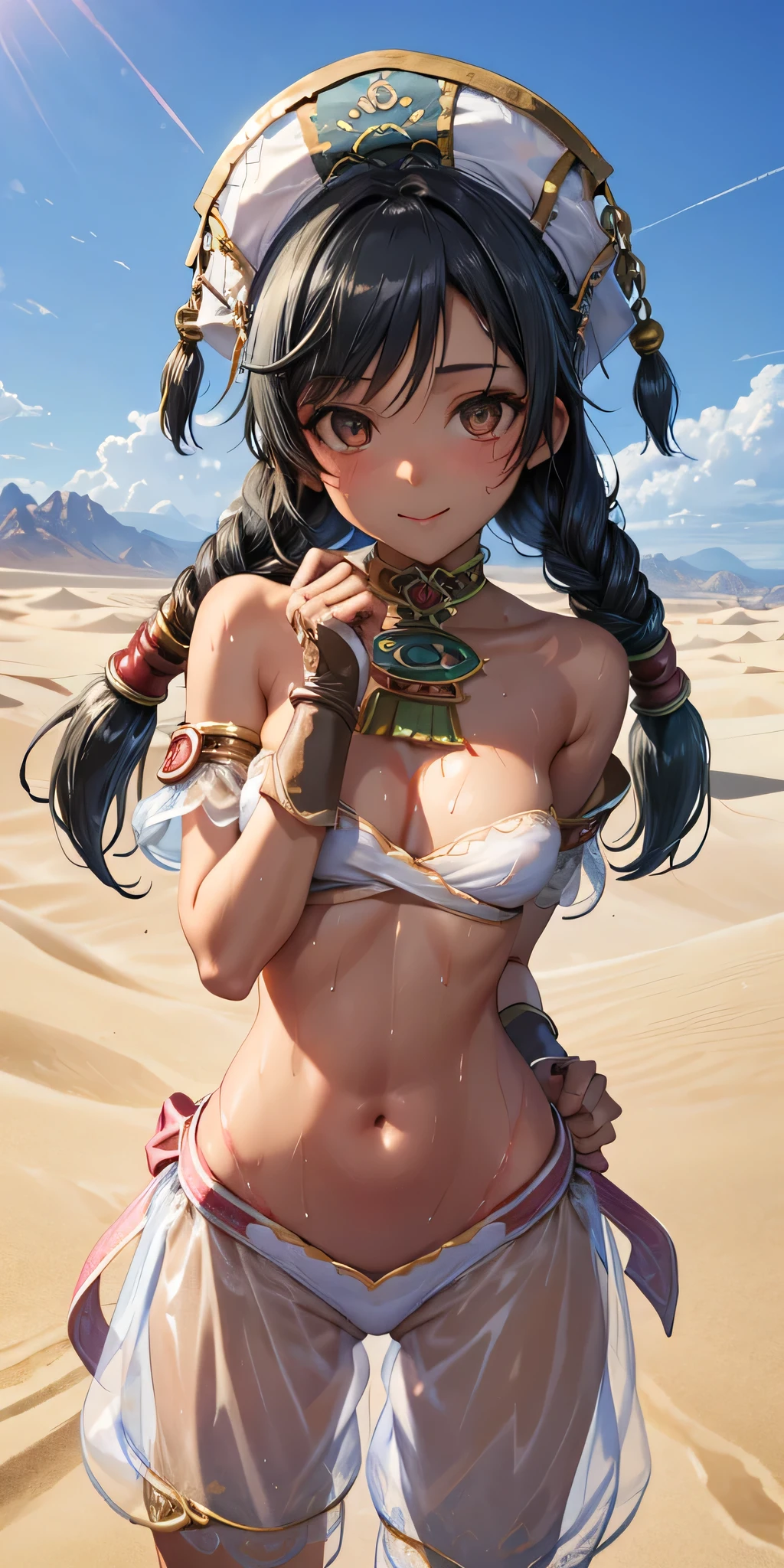 (masterpiece, best quality:1.2), ((revealing clothes)), sexy, cowboy shot, solo, 1girl, ite, sexy body, revealing clothes, talim, smile, smug face, sweating a lot, dark skin, dark-skinned female, twintails, braid, hat, arabian clothes, see-through, micro white bandeau, areola slip, small breasts, cleavage, short shorts, jewelry, desert, sahara, outdoor, day, bright day, Bloom,standing, looking at viewers,