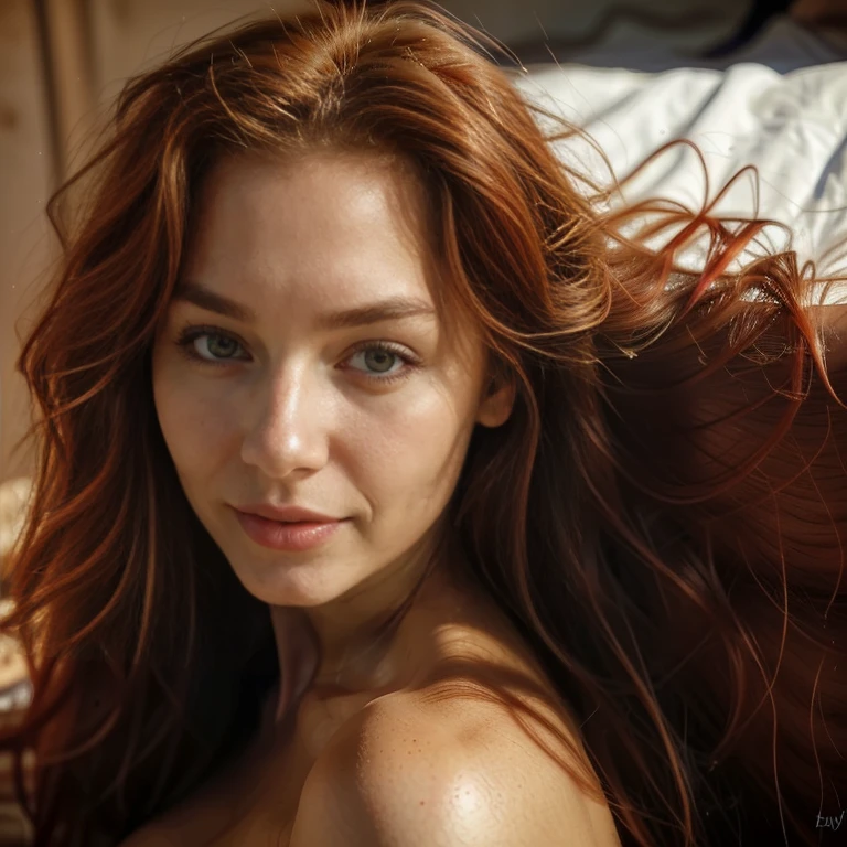 long eyelashes, solid circle eyes, to throw, smooth hair, long hair, red hair, big tits, make up, drop shadow, High level of detail, 8K, Super detail, necessary, The best quality, Textured skin, full body image, Expressions, rostro, , , in bed, lying down