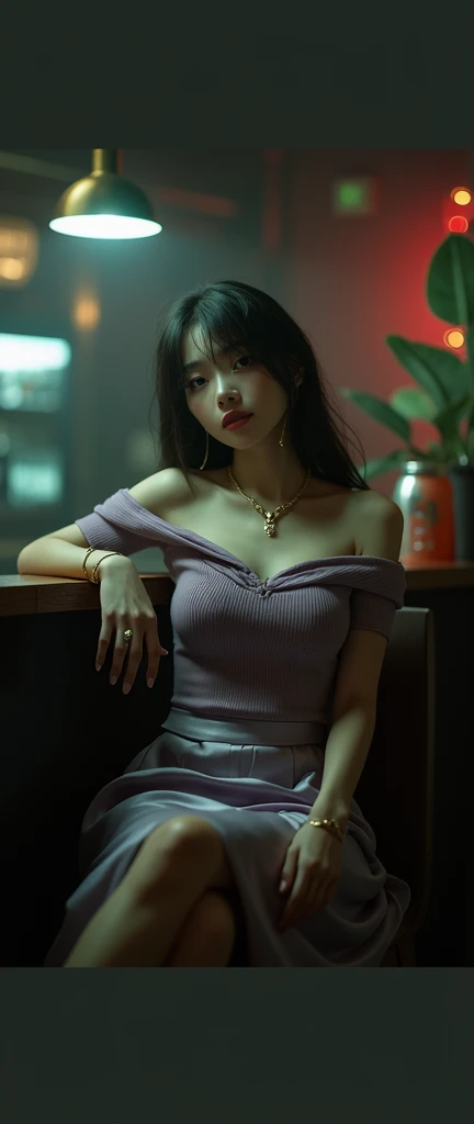 portrait photo of YoonYoungBae, beautiful woman hair updo upsweep nightclub sitting at bar (masterpiece) (best quality) (detailed) (8k) (HDR) (wallpaper) (cinematic lighting) (sharp focus) (intricate)<lora:YoonYoungBae:1.0>