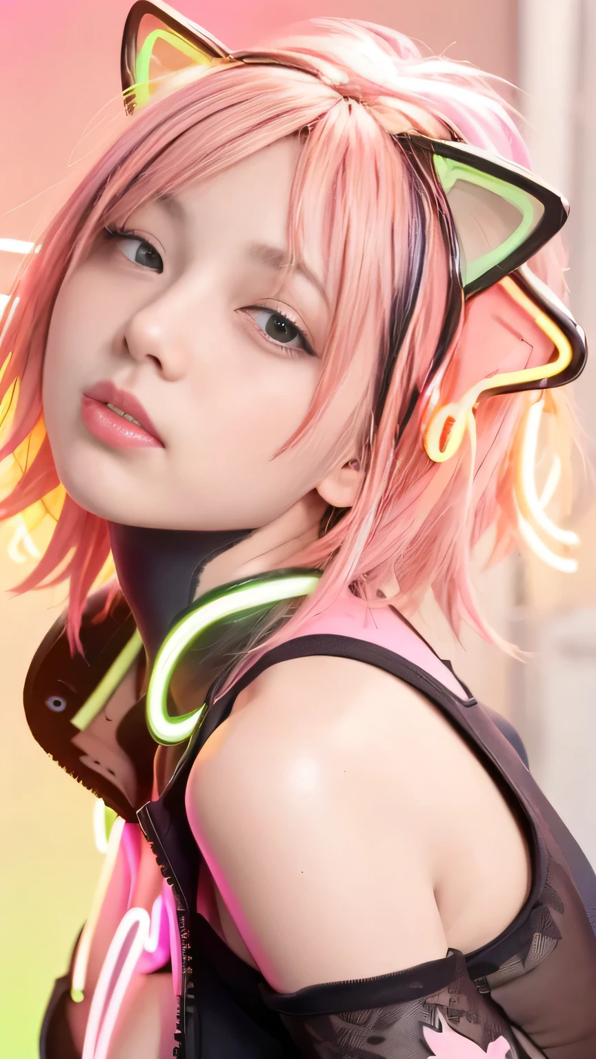 masterpiece, highest quality, Realistic, 4K, Bokeh, Awareness-raising, Active smile、Tongue sticking out a little、(1 perfect portrait of a girl), (A fascinating eye for perfect detail), Colorful Hair, (Gradient Hair), (Neon pink hair:1.6), (Cat ear:1.2), Slim and tall figure, Fantasy Background, Exposed bare shoulders, Sexy clavicle、Long-term alienation sleeve, Lean forward slightly, If you look up, hair ornaments , tilt your head slightly, , Cinema Lighting, Larger clothes, ((Seductive pose)), (neon pink background:1.6), close,