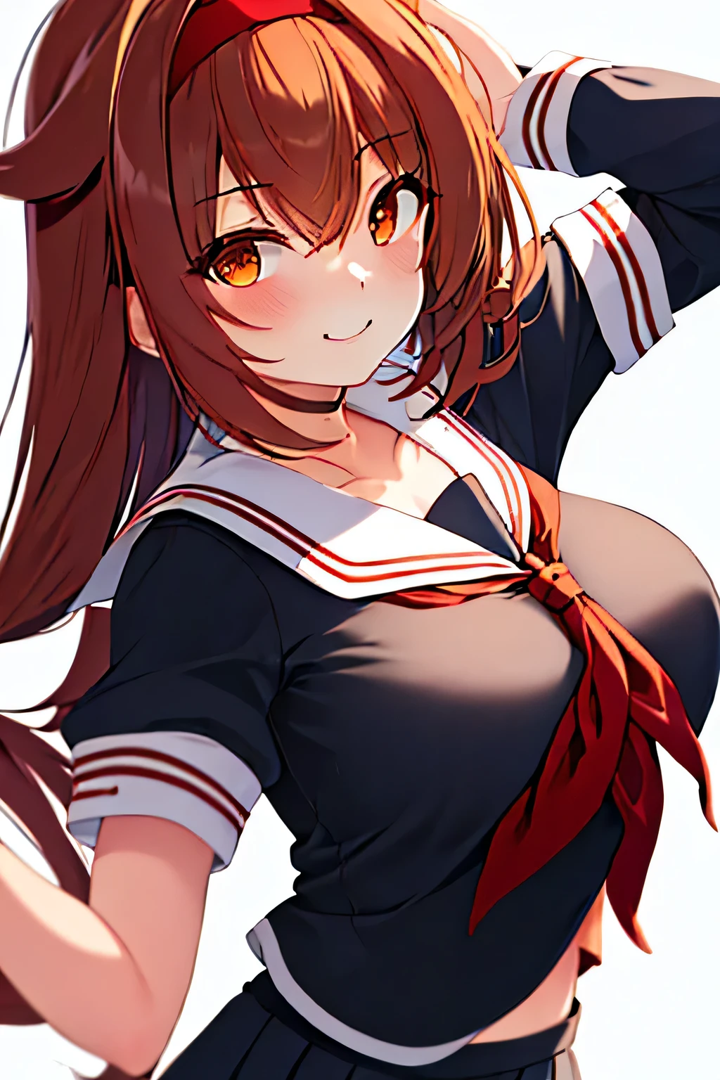 (masterpiece), highly detailed, best quality,1girl, brown_hair, brown_eyes, hairband, red_hairband, smile, hair_flaps, long_hair, blush, serafuku, short_hair, hair_between_eyes, breasts, black_serafuku, neckerchief, red_neckerchief, sailor_collar, school_uniform, collarbone, (large breasts), Dynamic Angle, highly detailed, best quality, looking at viewer, gentle smile, close-up, 