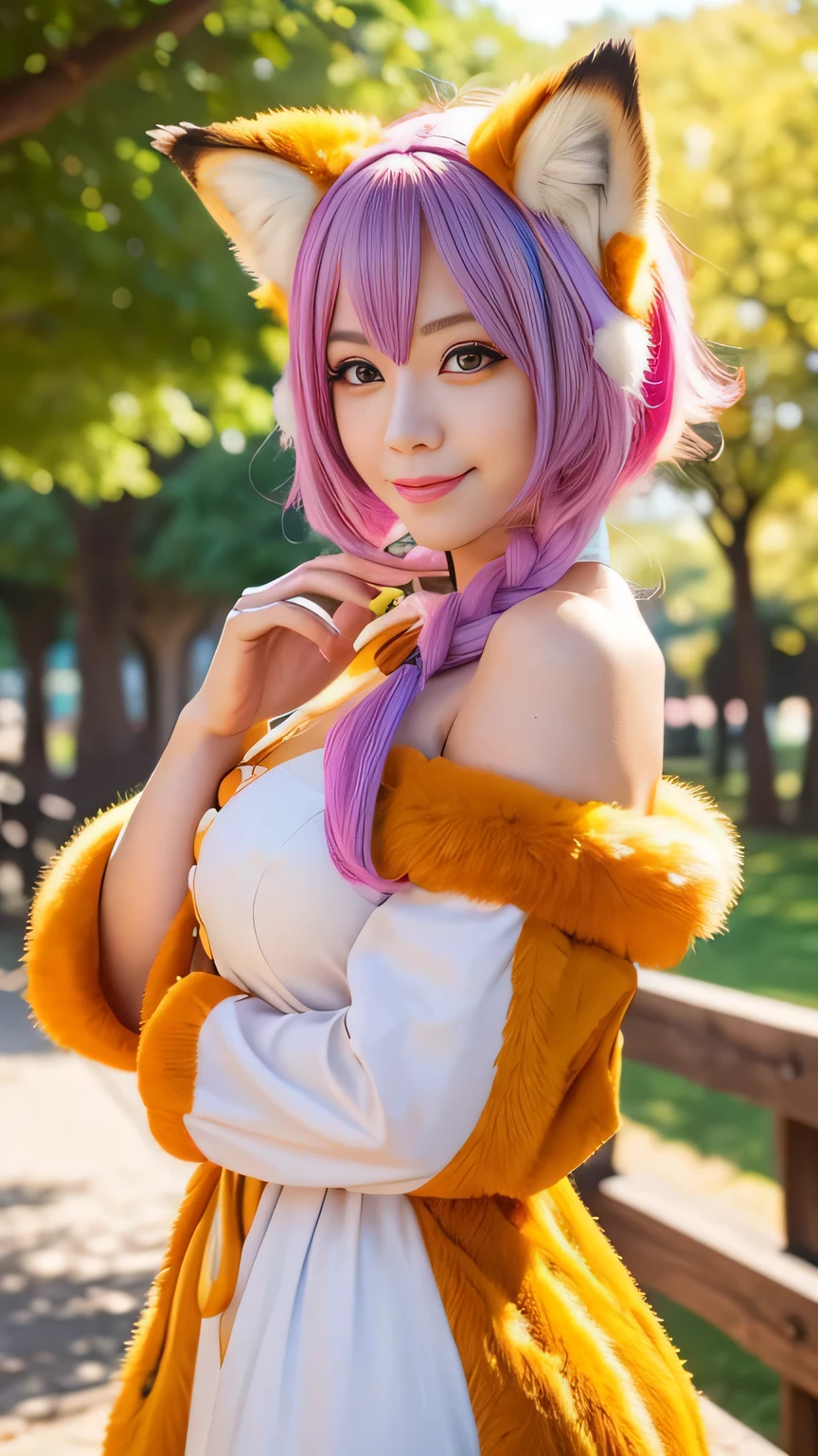 masterpiece, rich colors, Best quality, detailed, high resolution, Hyper quality, high detail, , high quality, detailing, thin sexy goddess Yae Miko , purple eyes, pink hair, pink pubic hair, ((bald tail)), very small fluffy fox ears, kimono, smile, seduction, bright lighting , green eyes, anime, palm trees, bright lighting, An oasis of calm. High Mountains, shrouded in serene mist, ((ROW фотография)), back view