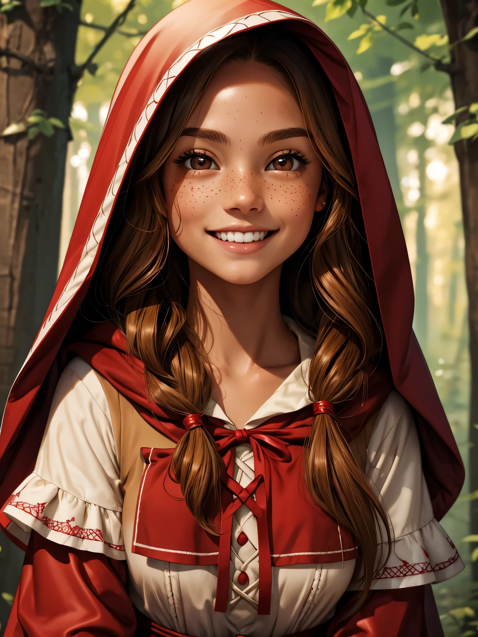 (best quality), 1girl, female, honey toned skin, chestnut hair, long hair, slightly wavy hair, brown eyes, perfect eyes, freckles, (little red riding hood), petite, small bust, smile, masterpiece, anatomically correct, highres