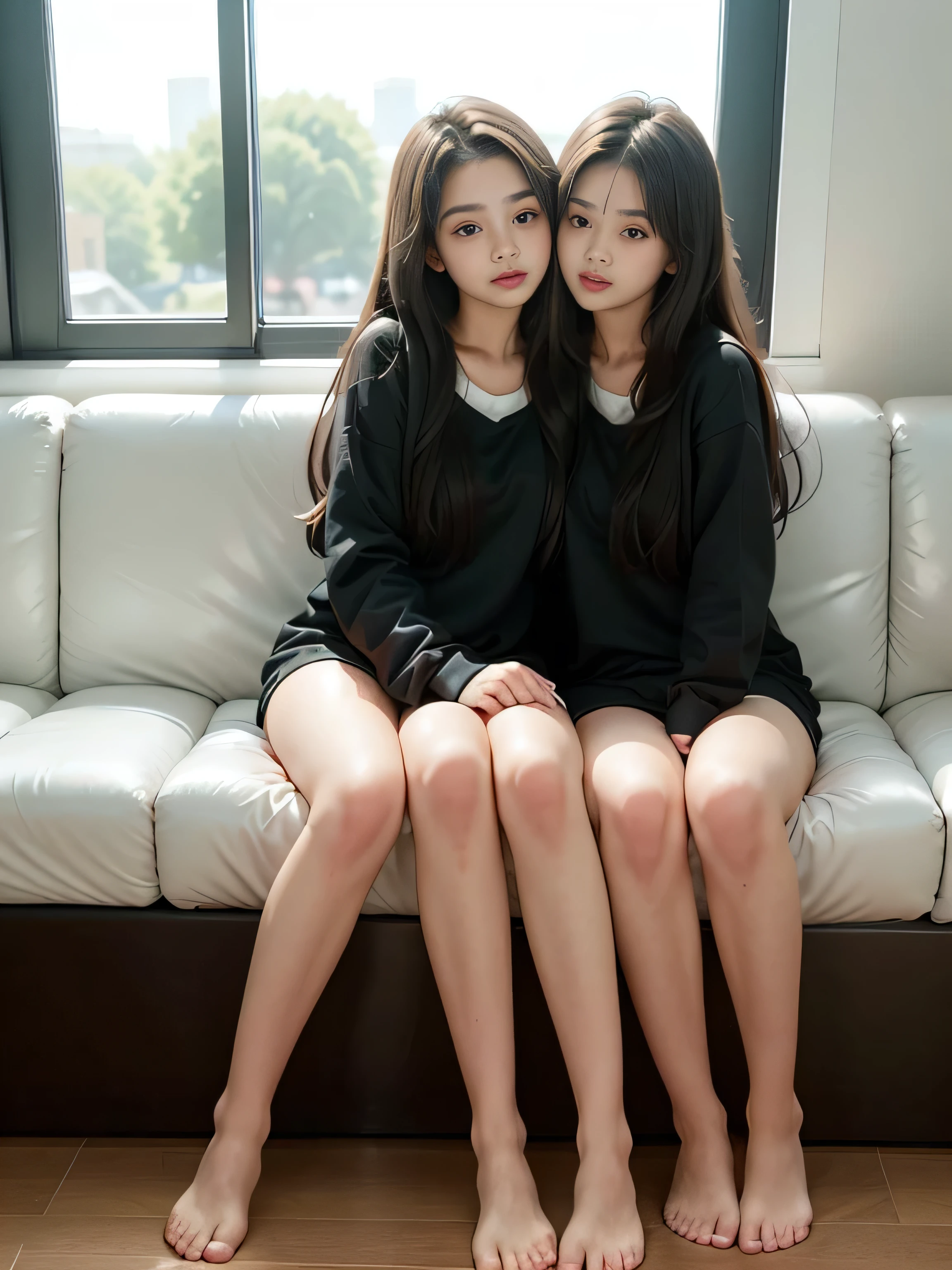 2heads, two headed girl, (young ager:1.5), (female:1.5), (two heads attached to one body:1.4), conjoined twins, heads side by side, one torso, young, uncomfortable, barefoot