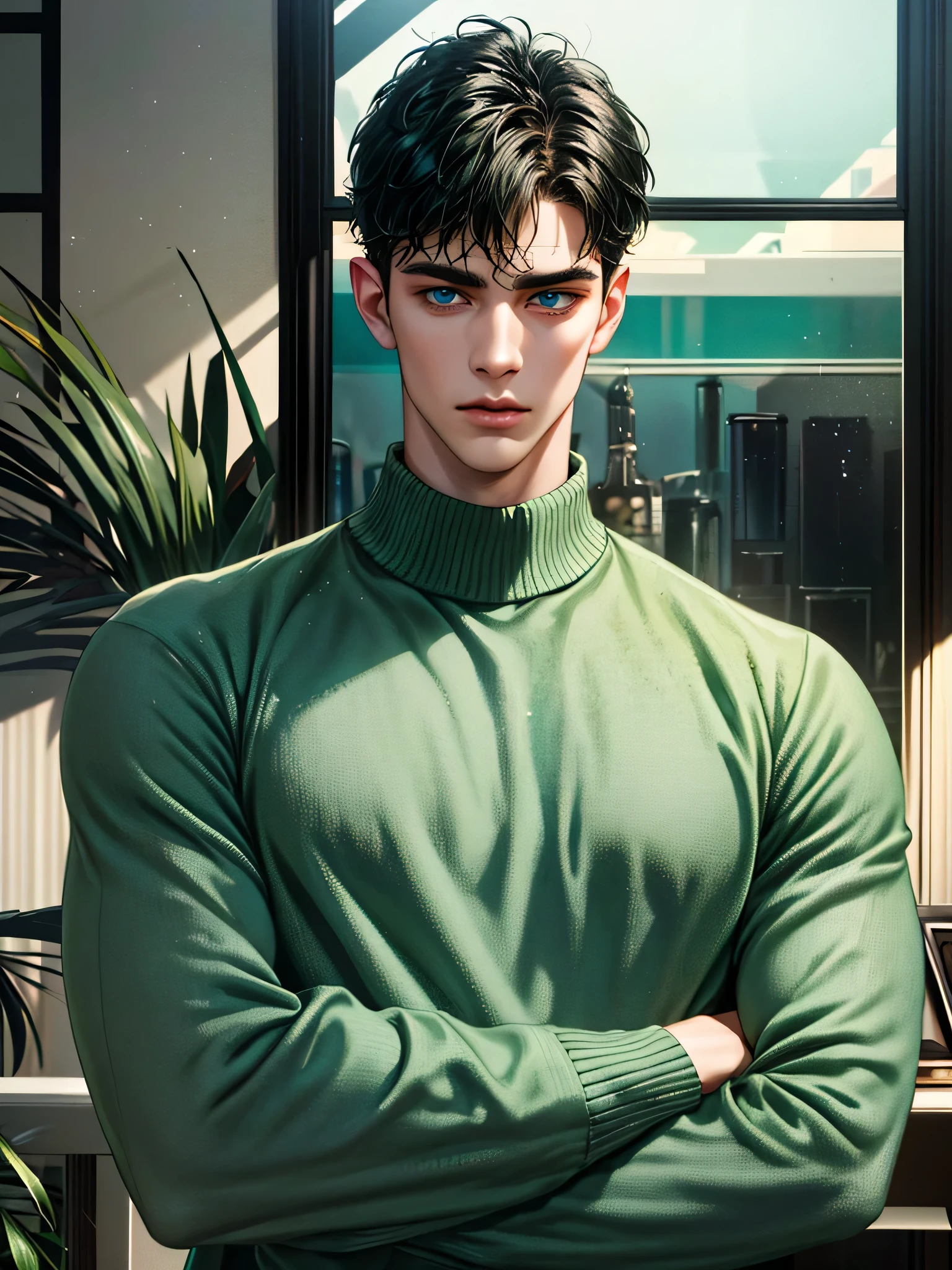 handsome young man, black hair short hair, blue eyes, ombros largos, masterpiece, Absurd, Beautiful and detailed face, with arms crossed, olhando para o espectador, with a dark green long sleeve sweater from adidasdaytime, 