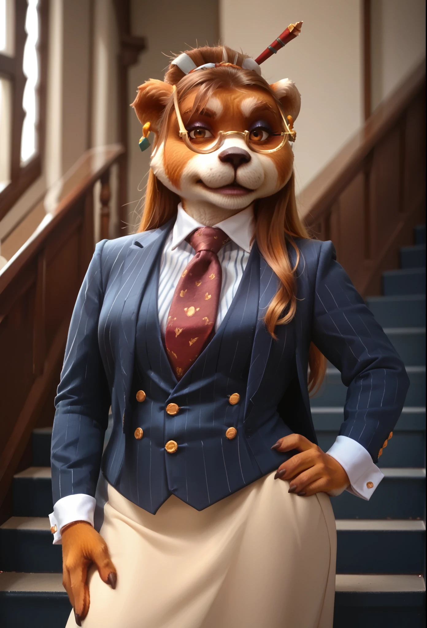 score_9, score_8_up, score_7_up, score_6_up, score_5_up, score_4_up, 1girl, breasts, furry, animal ears, brown hair, brown eyes, earrings, jewelry, hair ornament, glasses, hair stick, three-piece suit, 1girl, formal, jewelry, suit, red striped necktie, waistcoat, navy pinstripe jacket, blue striped shirt with white collar, white shirt collar, shirt, skirt, bodycon skirt, smoky eyeshadow, cufflinks, looking at viewer, close up, manor staircase, mansion staircase, velvet stairs superior, boss lady, portrait, looking down nose, stern, adjusting glasses, smoulder, strict, adjusting cufflinks, pinching cuffs, hand on stair bannister, hand on hip, looking to the side, formal portrait, good posture, raised chin