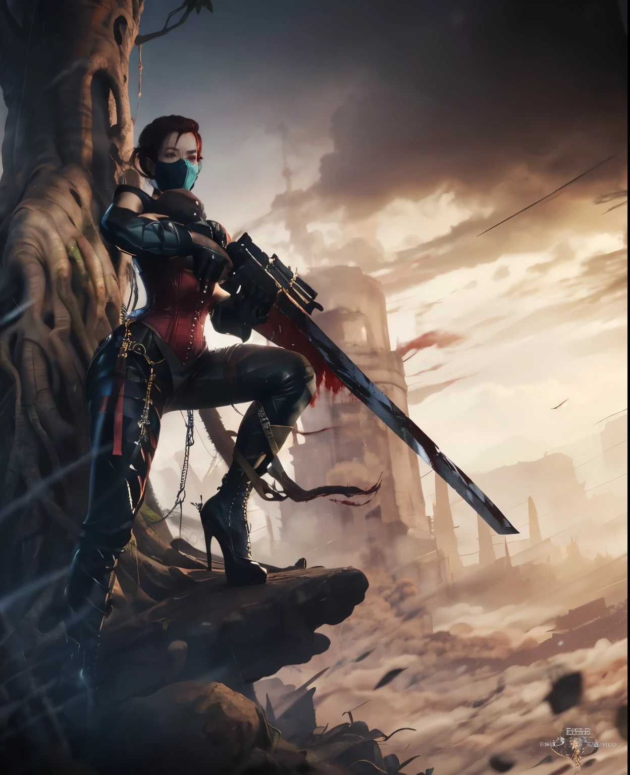 photo of Callidus,  ((solo:1.3)), face mask, running, black bodysuit, reverse grip knife, standing on top of tree, one knee by massive tree, lush jungle, rain forest, dark ambiance, blood, female, dark red hair, short hair, full hair, bloody blade, high heels, coreset, burgundy corset, assassin,