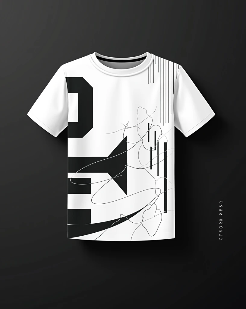 Create a Sharp PATTERN Design on the White Tshirt only, for Premium Fashion Clothing Brand, on Dark Background