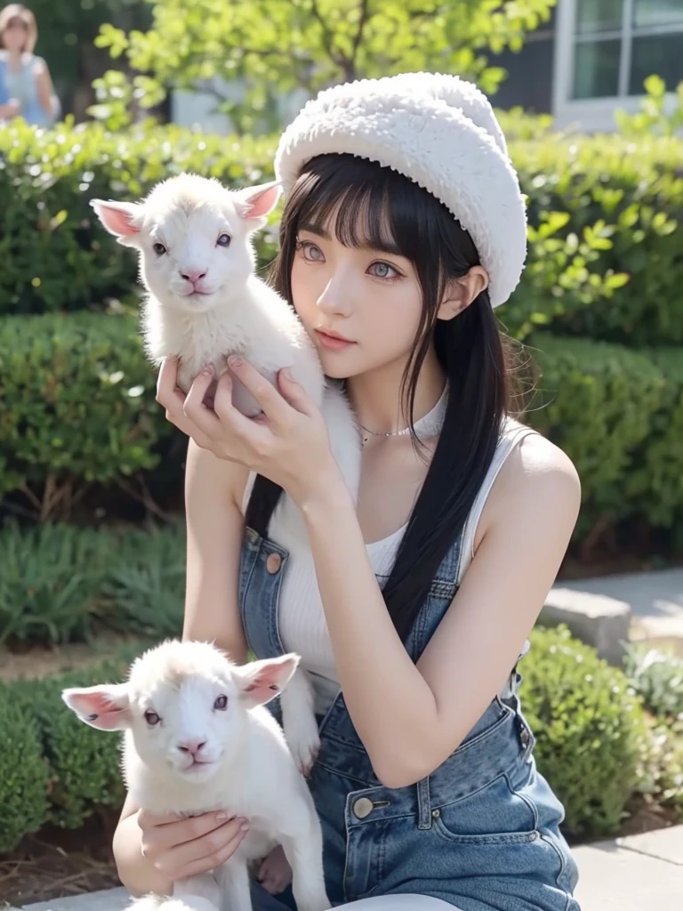 hinata hyuga holding a small lamb cub in their hand, tiktok video, talking animals, very cute features, cute features, cute animal, 8 k ultra realistic animal, live footage, iphone video, live, real footage, trending on artstatoon,