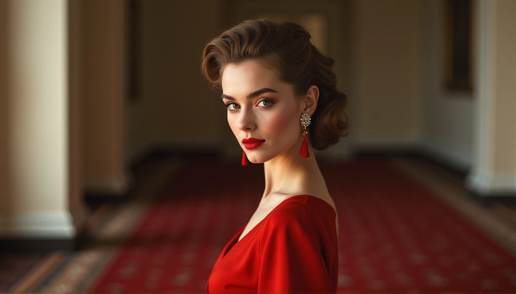 (Masterpiece.UHD.photorealistic) (full body) an ultra hot gorgeous brunette woman with beautiful detailed eyes,beautiful detailed full lips, gorgeous face. Full red lips.extremely detailed eyes and face,longeyelashes, epic cleavage (100e breast size) ,bun.freckles. intricate detailed facial features, e Kline.off shoulder dress,flowing ethereal dress,dramatic lighting,cinematic angle,in a 1940 interior. vibrant colors,warm color palette.