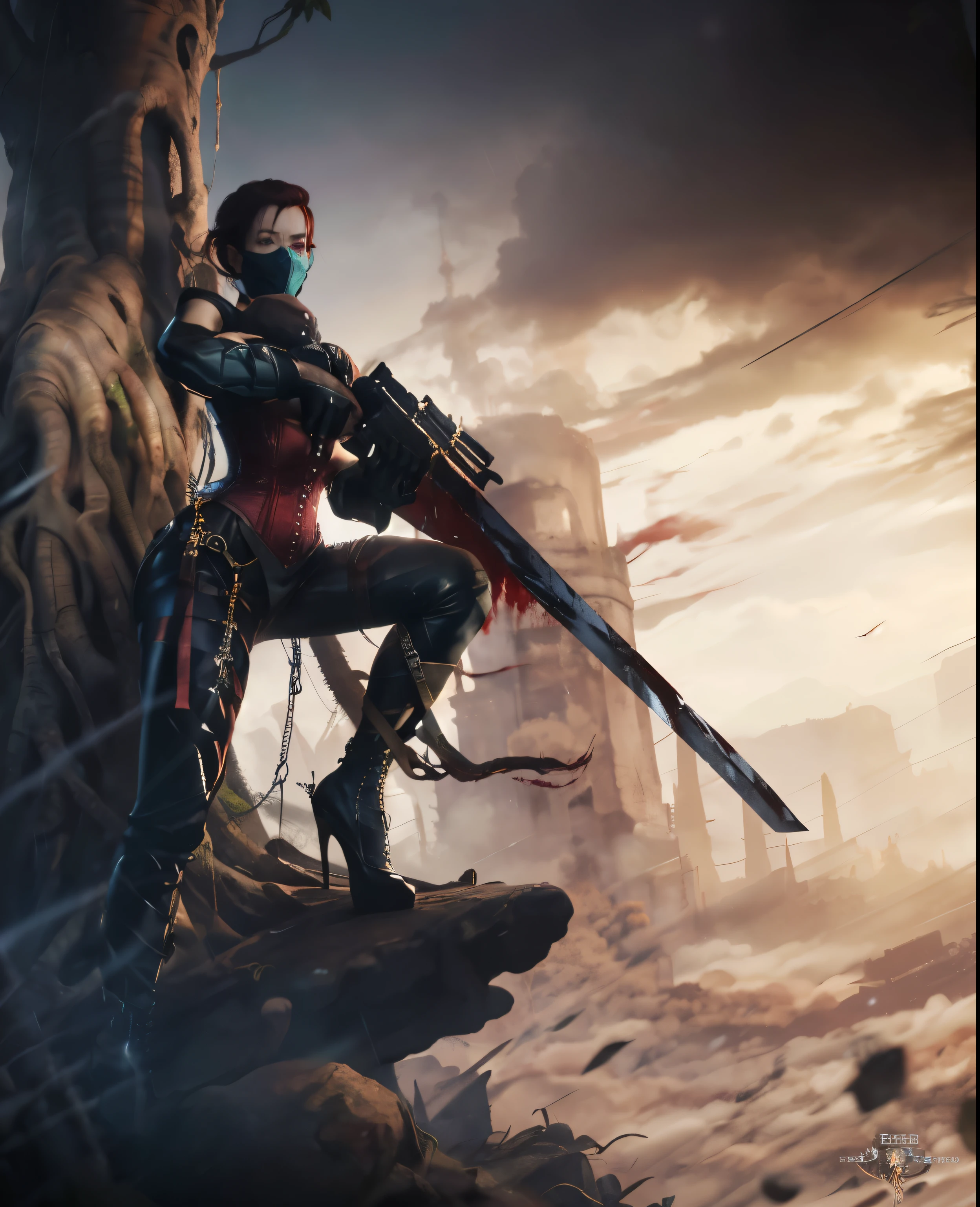 photo of Callidus,  ((solo:1.3)), face mask, running, black bodysuit, reverse grip knife, standing on top of tree, one knee by massive tree, lush jungle, rain forest, dark ambiance, blood, female, dark red hair, short hair, full hair, bloody blade, high heels, coreset, burgundy corset, assassin,