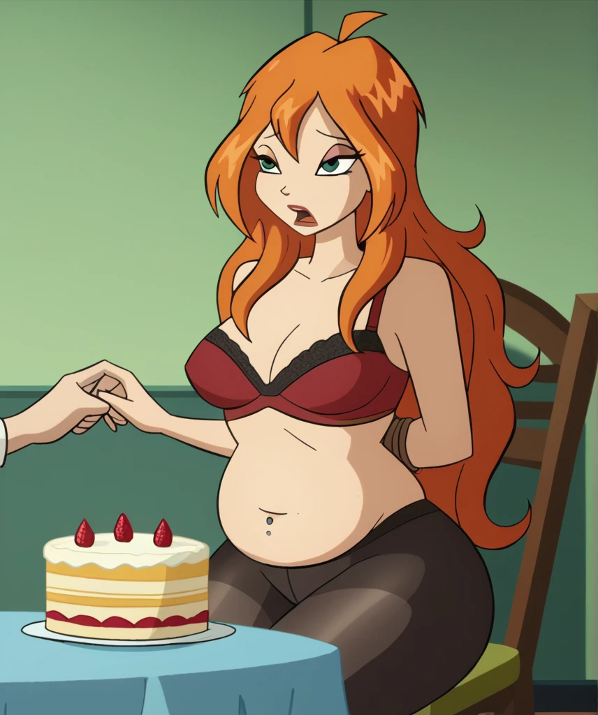masterpiece, (photorealistic), (8k wallpaper) , (best quality), perfect quality, solo, (detailed eyes:0.9), Nami, beautiful face, eating muffin, cute face, young, very chubby, curvy, fat rolls, belly rolls, chubby belly, fat thighs, plump, sexy pose, sexy, big deep navel, tight red dress, torn dress, ripped dress, muffin top, love handles