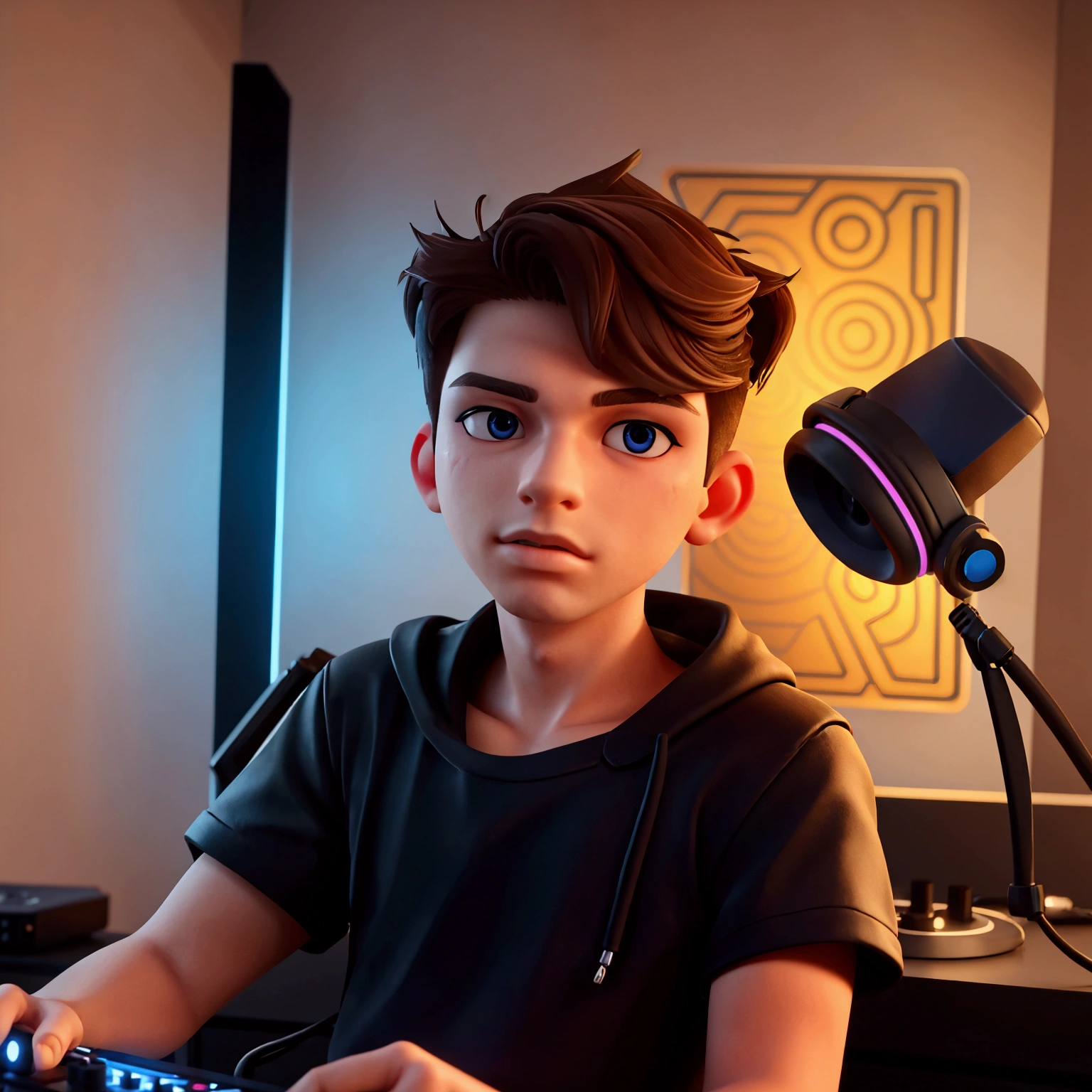 a young DJ boy, close-up, 3D rendering, detailed face, side hairstyle, electronic music equipment, colored lighting, studio setting, cinematic mood, vibrant colors, high quality, hyper-detailed
