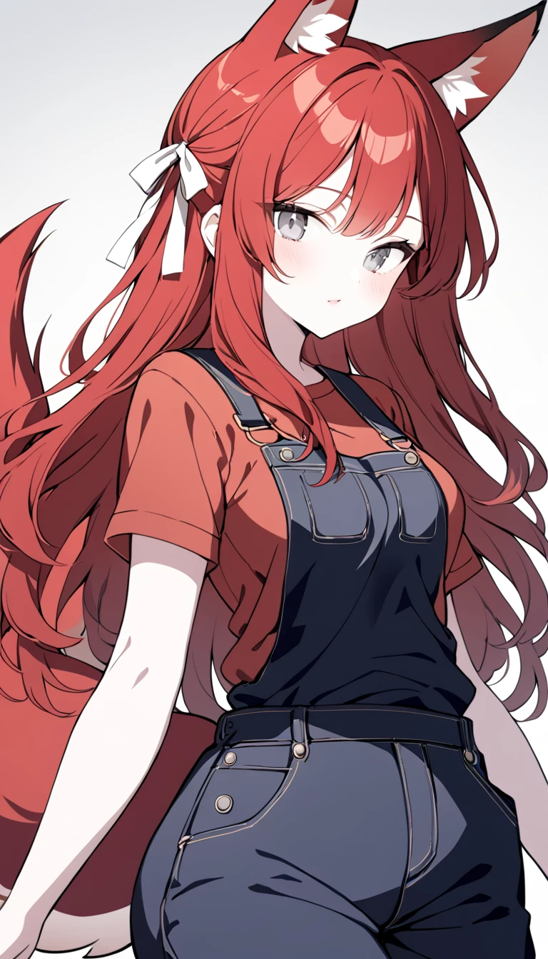 1 Girl, Medium Breasts, Dark Red Hair, Light Grey Highlights In Hair, Long Hair Style, Silver Ribbon In Hair, Long Hair, Silver Eyes, Pale Skin, Smooth Skin, Soft Features, Nice Lips, Cute Face, Fox Girl, Fox Tail, Fox Ears, Black and Red Clothes, Overalls, Baggy Shirt 