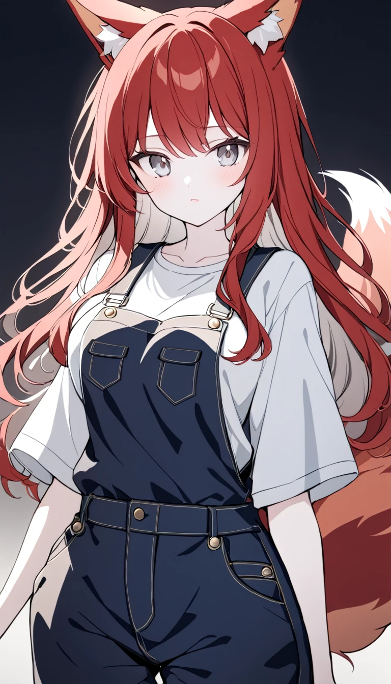 1 Girl, Medium Breasts, Dark Red Hair, Light Grey Highlights In Hair, Long Hair Style, Silver Ribbon In Hair, Long Hair, Silver Eyes, Pale Skin, Smooth Skin, Soft Features, Nice Lips, Cute Face, Fox Girl, Fox Tail, Fox Ears, Black and Red Clothes, Overalls, Baggy Shirt 