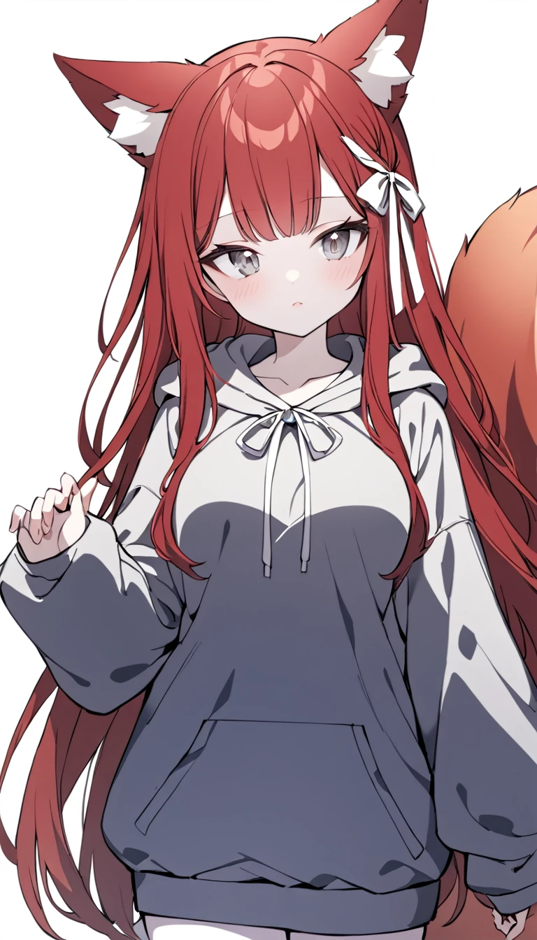 1 Girl, Medium Breasts, Dark Red Hair, Light Grey Highlights In Hair, Long Hair Style, Silver Ribbon In Hair, Long Hair, Silver Eyes, Pale Skin, Smooth Skin, Soft Features, Nice Lips, Cute Face, Fox Girl, Fox Tail, Fox Ears, Black and Red Clothes, Baggy Hoodie 