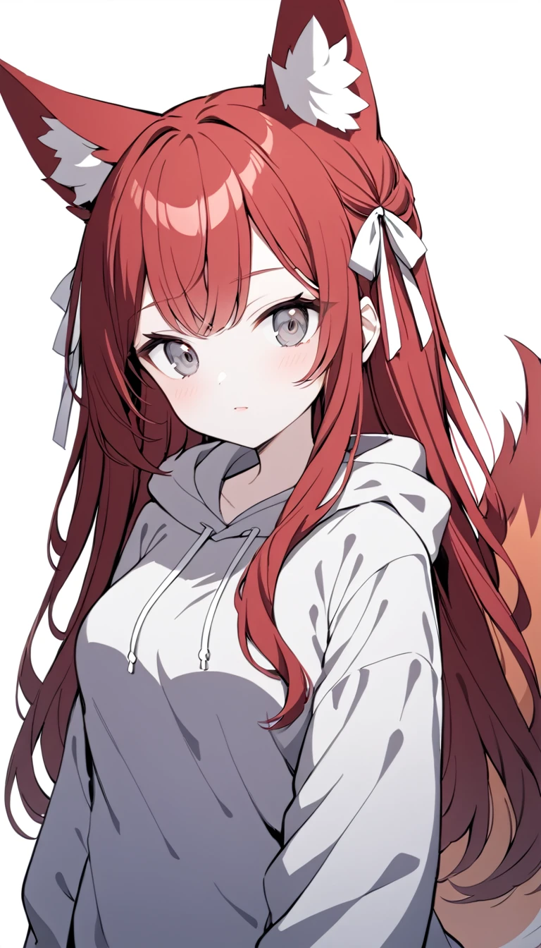 1 Girl, Medium Breasts, Dark Red Hair, Light Grey Highlights In Hair, Long Hair Style, Silver Ribbon In Hair, Long Hair, Silver Eyes, Pale Skin, Smooth Skin, Soft Features, Nice Lips, Cute Face, Fox Girl, Fox Tail, Fox Ears, Black and Red Clothes, Baggy Hoodie 