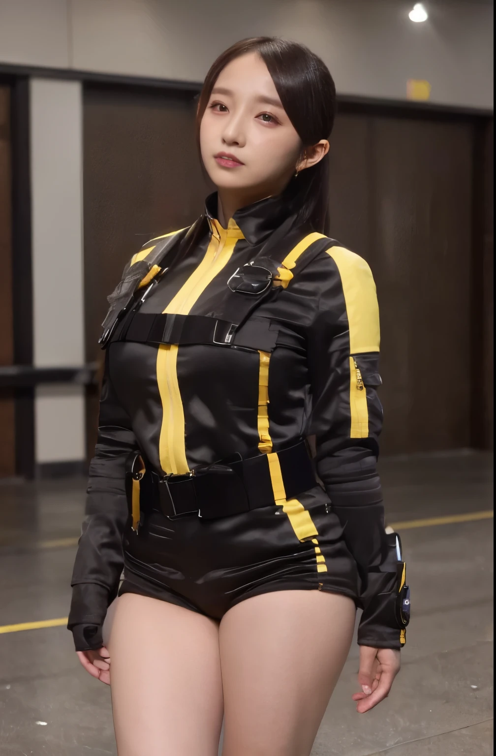 (Very realistic), (Best Quality), ((round, Small and precise face)), Glowing Skin, Glowing Skin,Wide Hips,Chubby,Healthy Body,Yokozaki beauty々,Black gloves,clock,iris,short Shorts,black Shorts, Short boots,,jacket,Shorts, Black Hair,Short Hair,Big Breasts,Adult female,Heavy bangs,Serious face,,Her breasts are very large and voluptuous.,You can see the shape of your breasts even through clothes.,Push out the chest,The clothes are very tight on the body,Harness,Hair not tied up,Short Bob