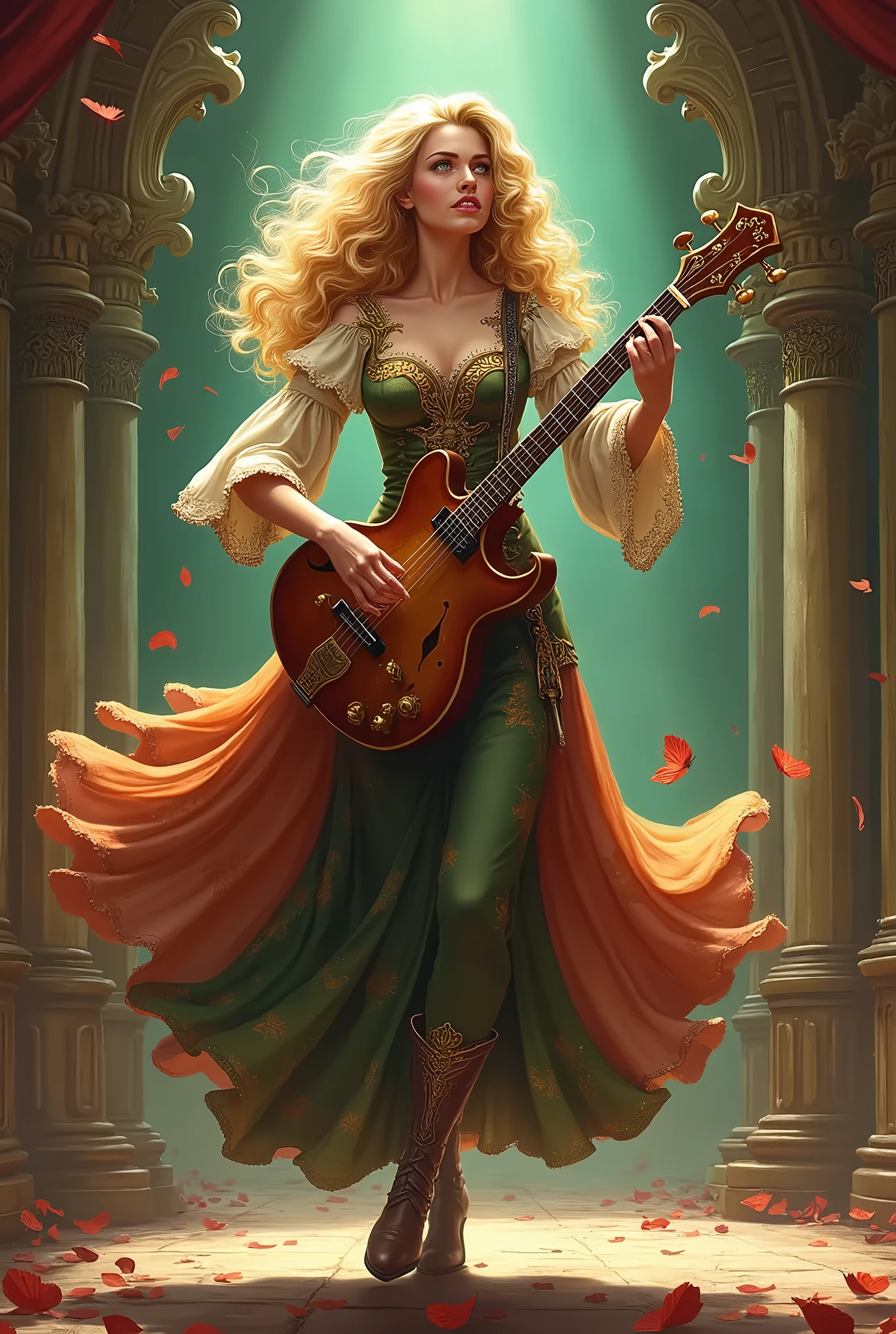 comic style, high detailed, a female bard playing bandora and dancing, stage background, she has curvy blond hair and green eyes, she wearing bard costume, medieval theme