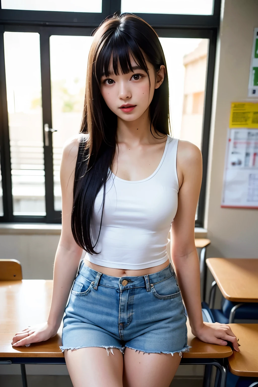 nsfw, nude, ((ultra short jeans mini skirt)), skinny body, small hips, nipples, pussy, sit on the desk, spread pussy, blunt bangs, long hair, in the classroom, ((best quality)), 4K, ((masterpiece)), (detailed), 1girl,