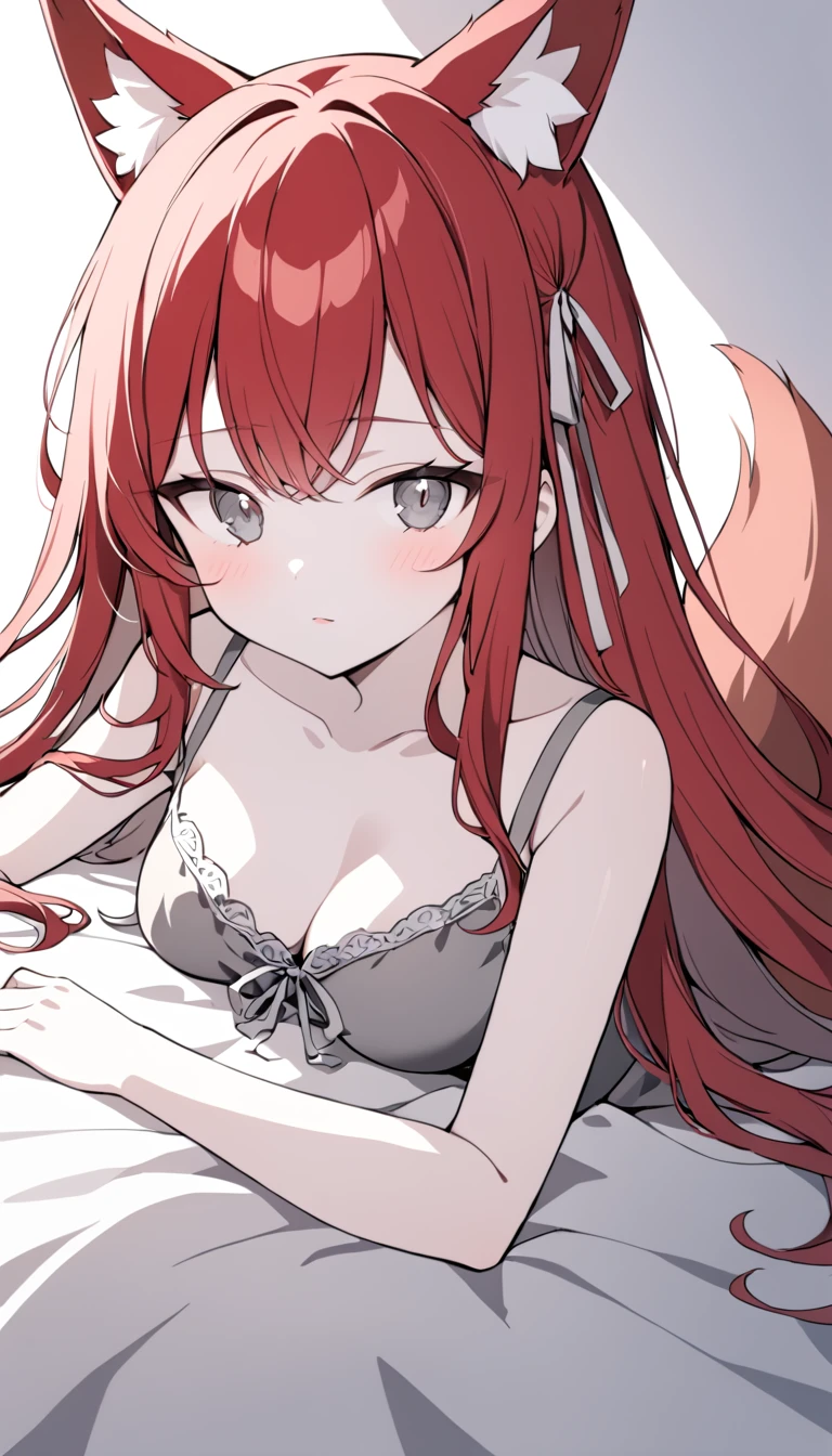 1 Girl, Medium Breasts, Dark Red Hair, Light Grey Highlights In Hair, Long Hair Style, Silver Ribbon In Hair, Long Hair, Silver Eyes, Pale Skin, Smooth Skin, Soft Features, Nice Lips, Cute Face, Fox Girl, Fox Tail, Fox Ears, Black and Red Clothes, Nightgown, laying down 