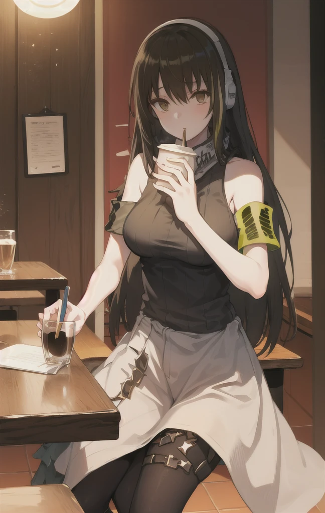 m4a1, one girl, sits on a chair, caffeine , a glass of coffee on the table, evening, date, 